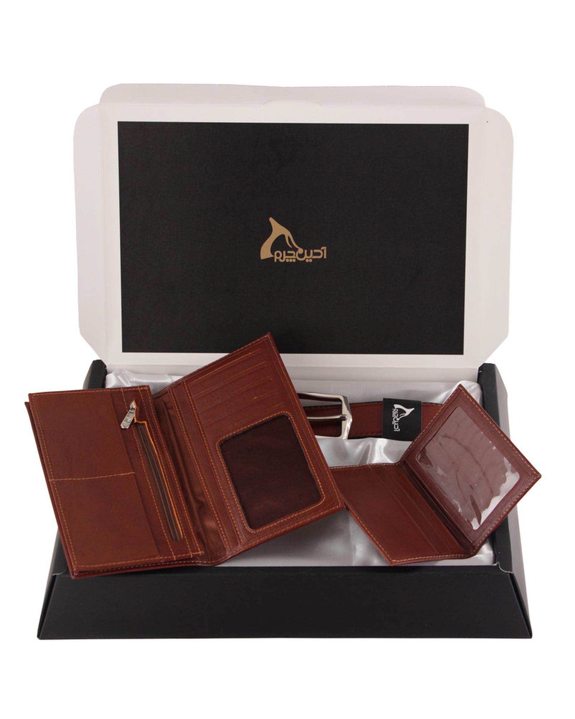 ست هدیه چرم مردانه عسلی چرم بارز Charm Barez مدل DS62