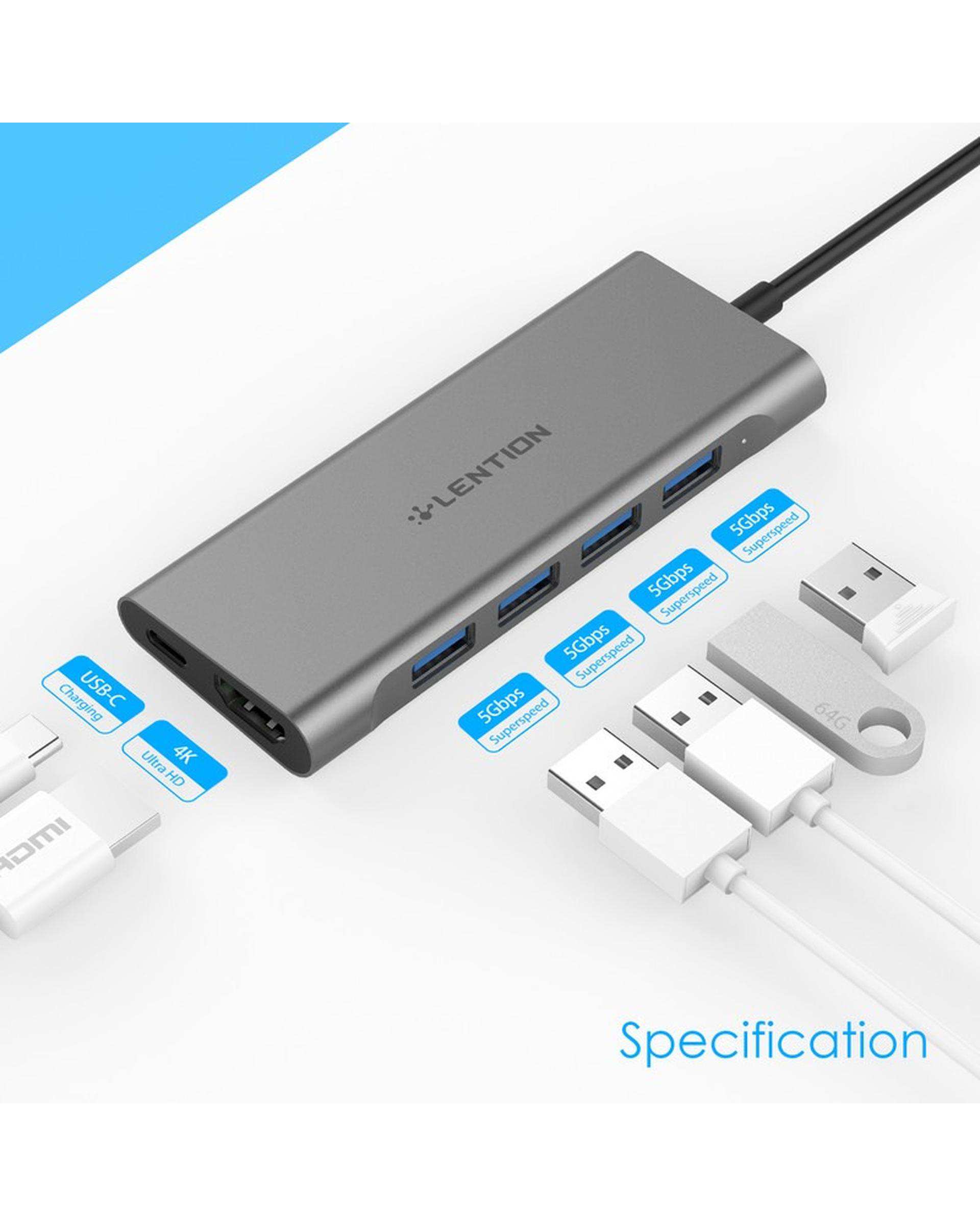 هاب 6 پورت USB-C لنشن Lention مدل C35 نقره ای