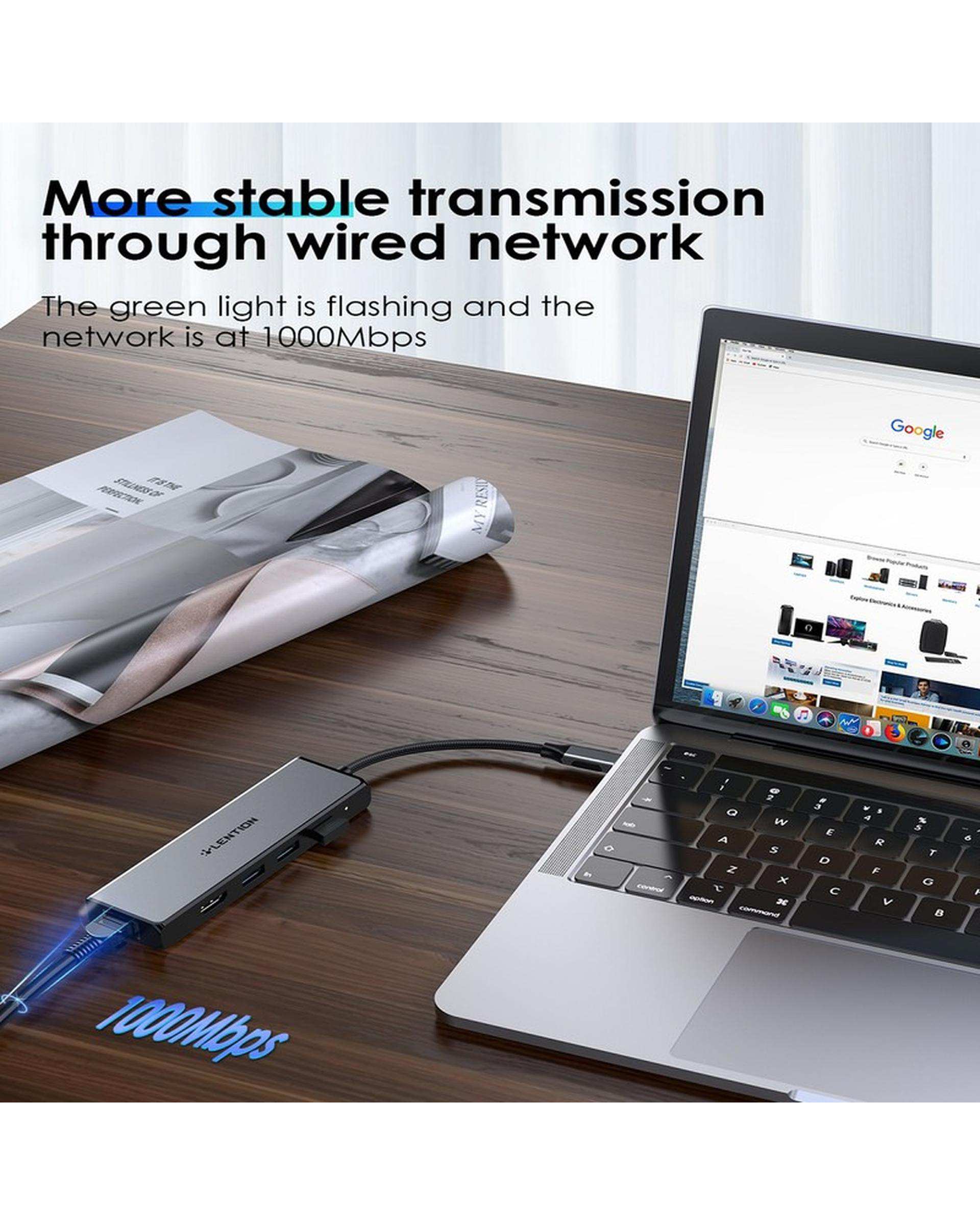 هاب 5 پورت USB-C لنشن Lention مدل C25 خاکستری