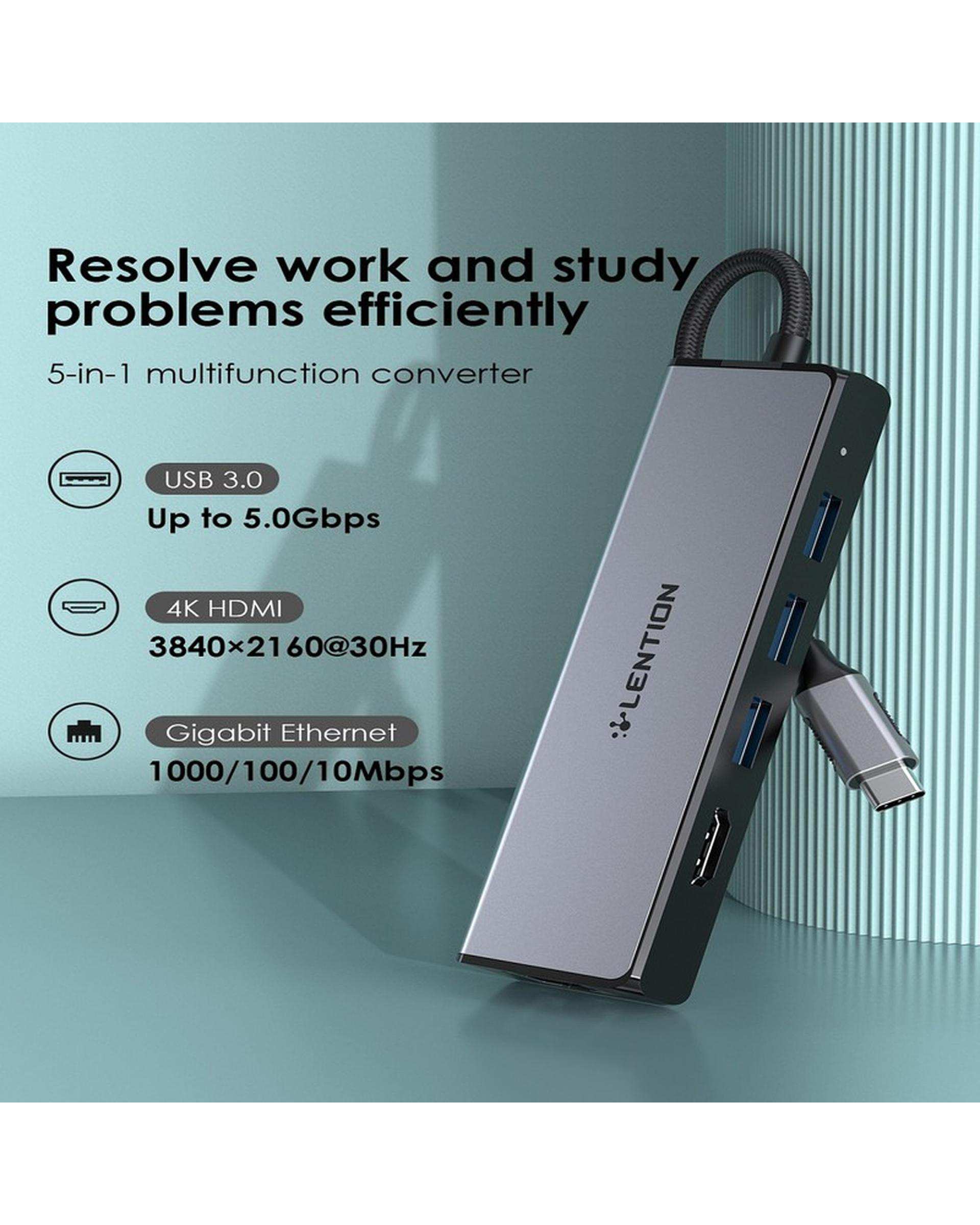 هاب 5 پورت USB-C لنشن Lention مدل C25 خاکستری