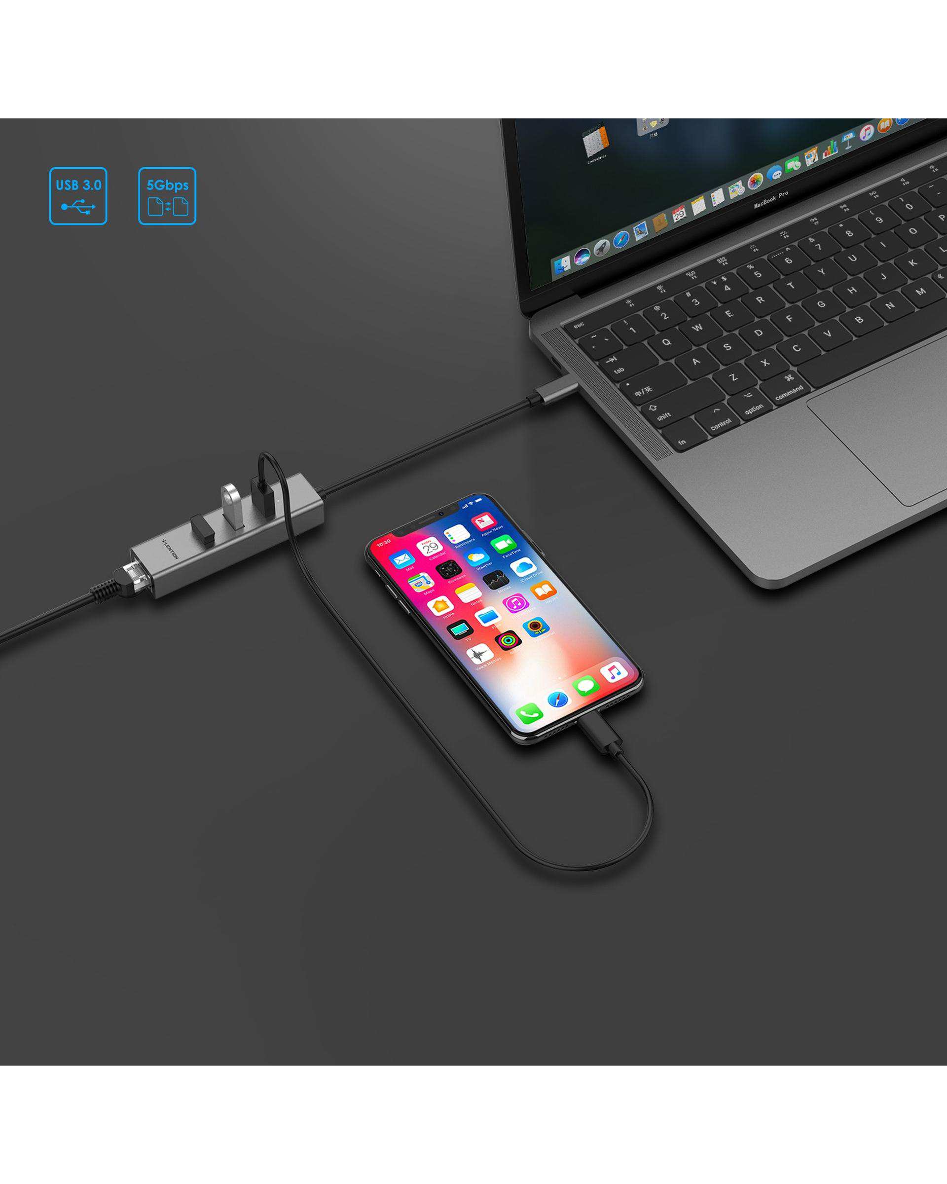 هاب 4 پورت USB-C لنشن Lention مدل C23s خاکستری