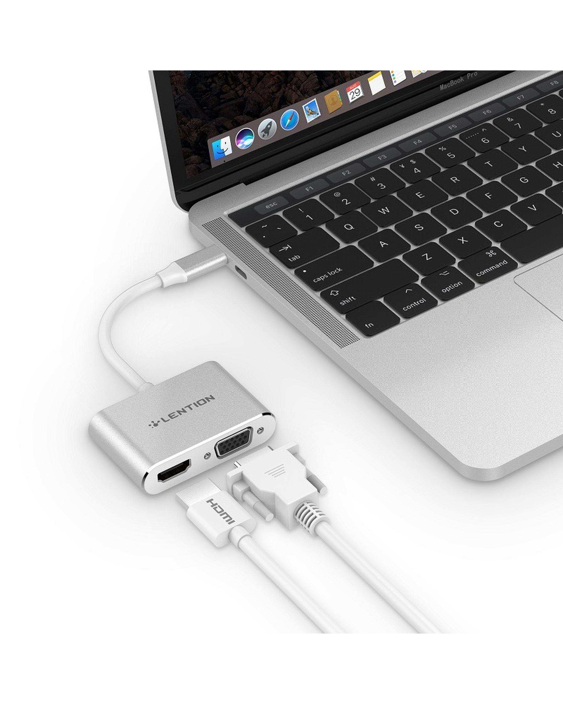 مبدل 2 پورت USB-C به HDMI/VGA لنشن Lention مدل C51SHV نقره ای