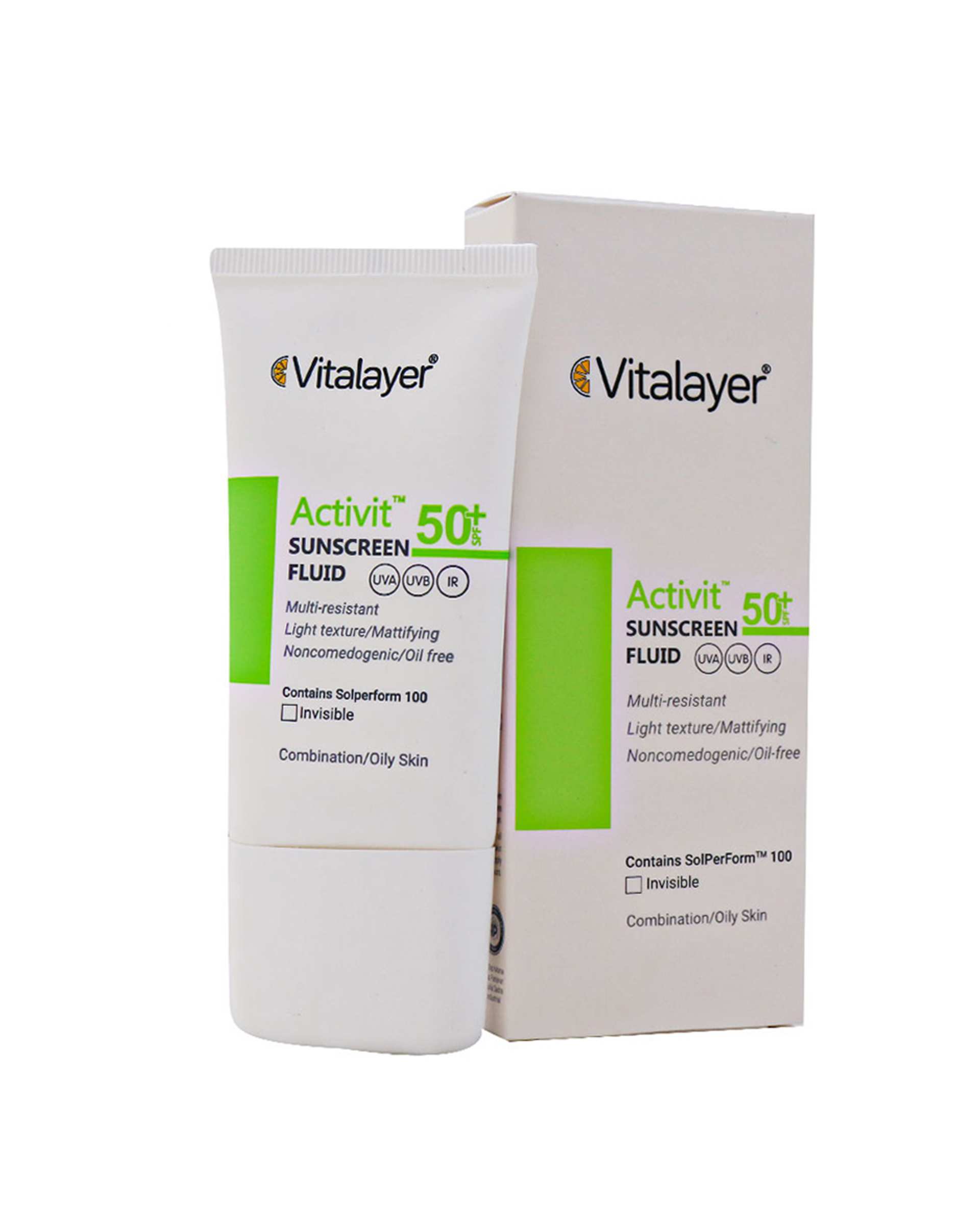 فلوئید ضد آفتاب بی رنگ SPF50 پوست چرب اکتیویت ویتالیر Vitalayer