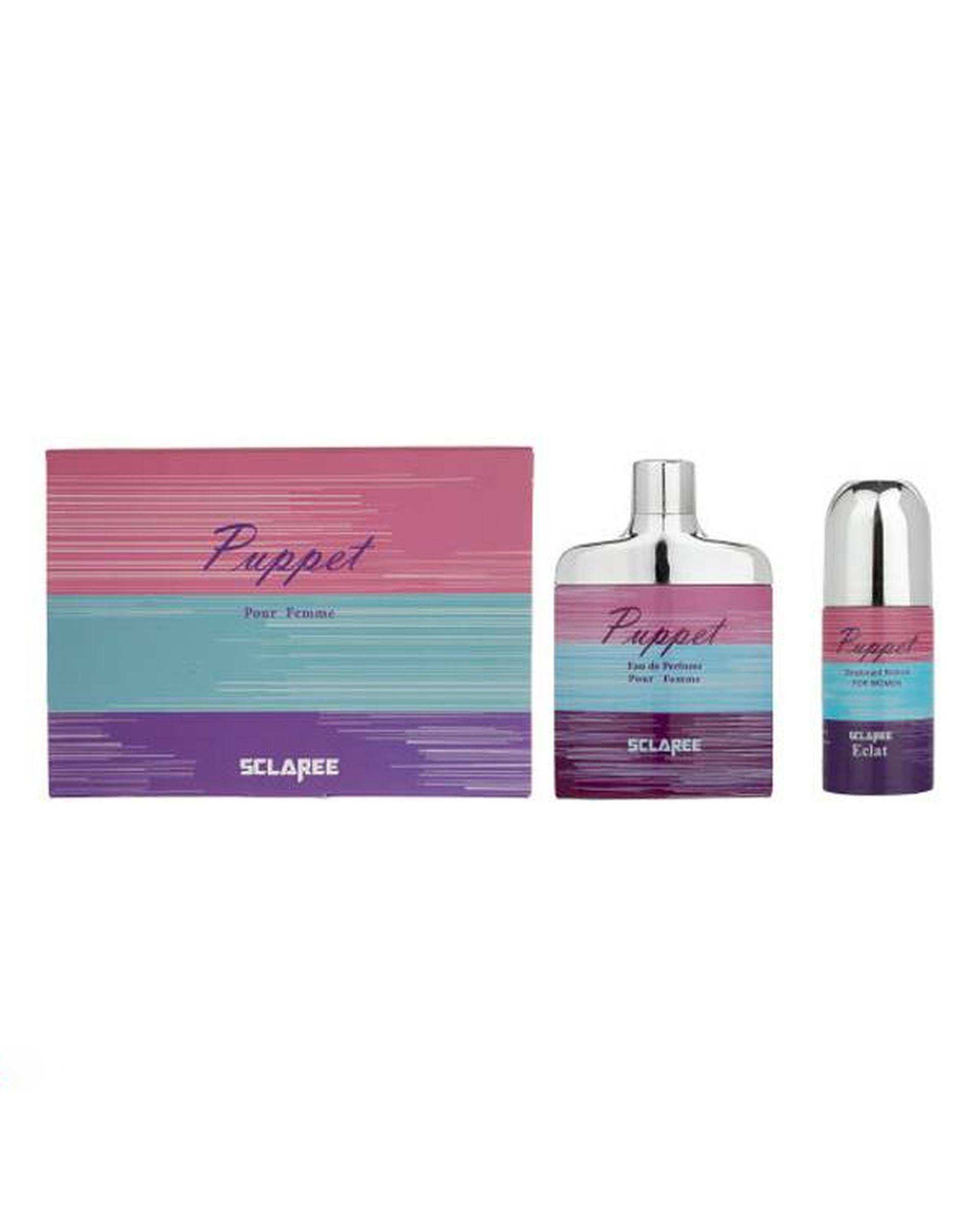 عطر زنانه مدل Puppet تلگرامی حجم 85ml و مام رول ضد تعریق زنانه مدل Puppet اسکلاره Sclaree بسته 2 عددی