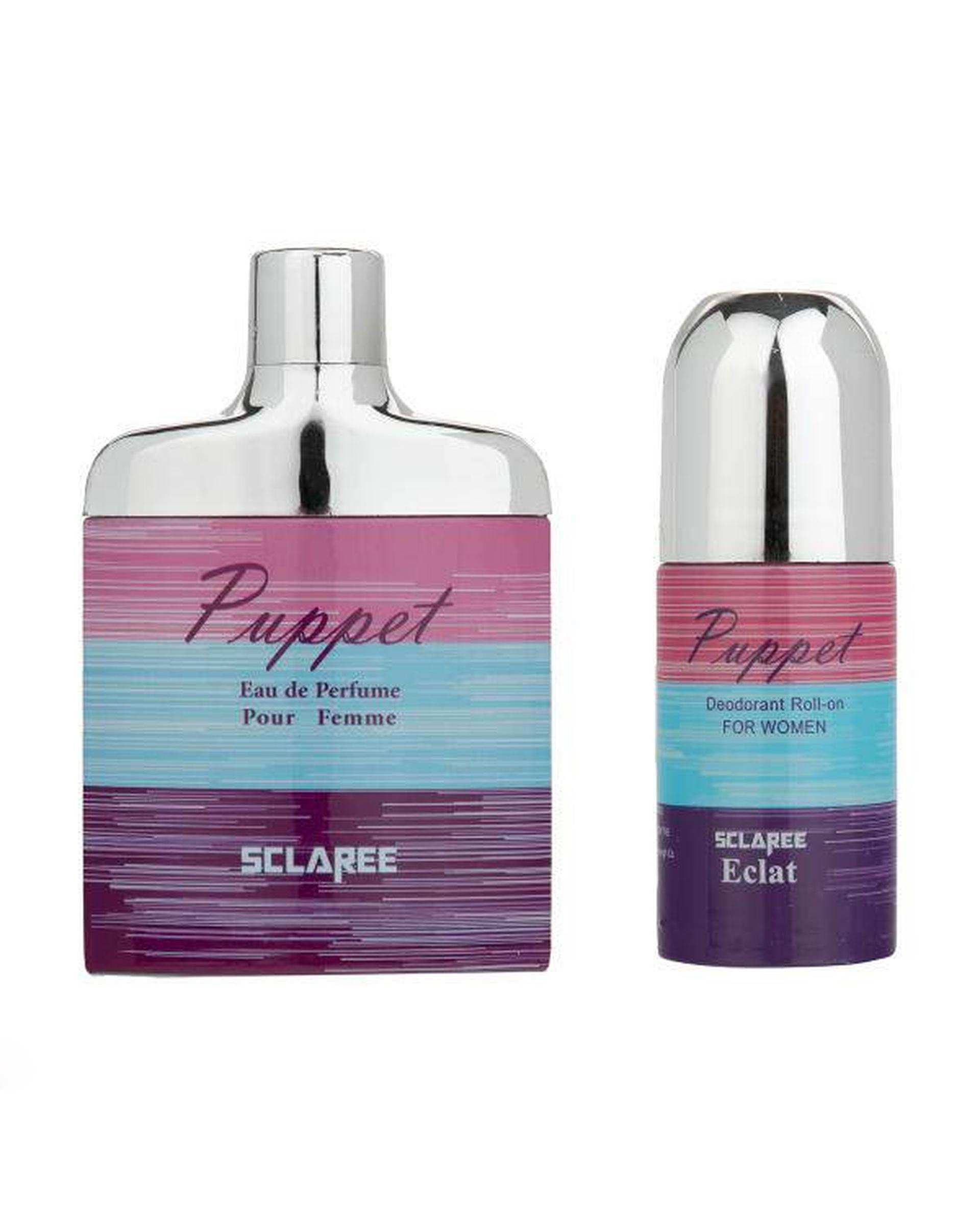 عطر زنانه مدل Puppet تلگرامی حجم 85ml و مام رول ضد تعریق زنانه مدل Puppet اسکلاره Sclaree بسته 2 عددی