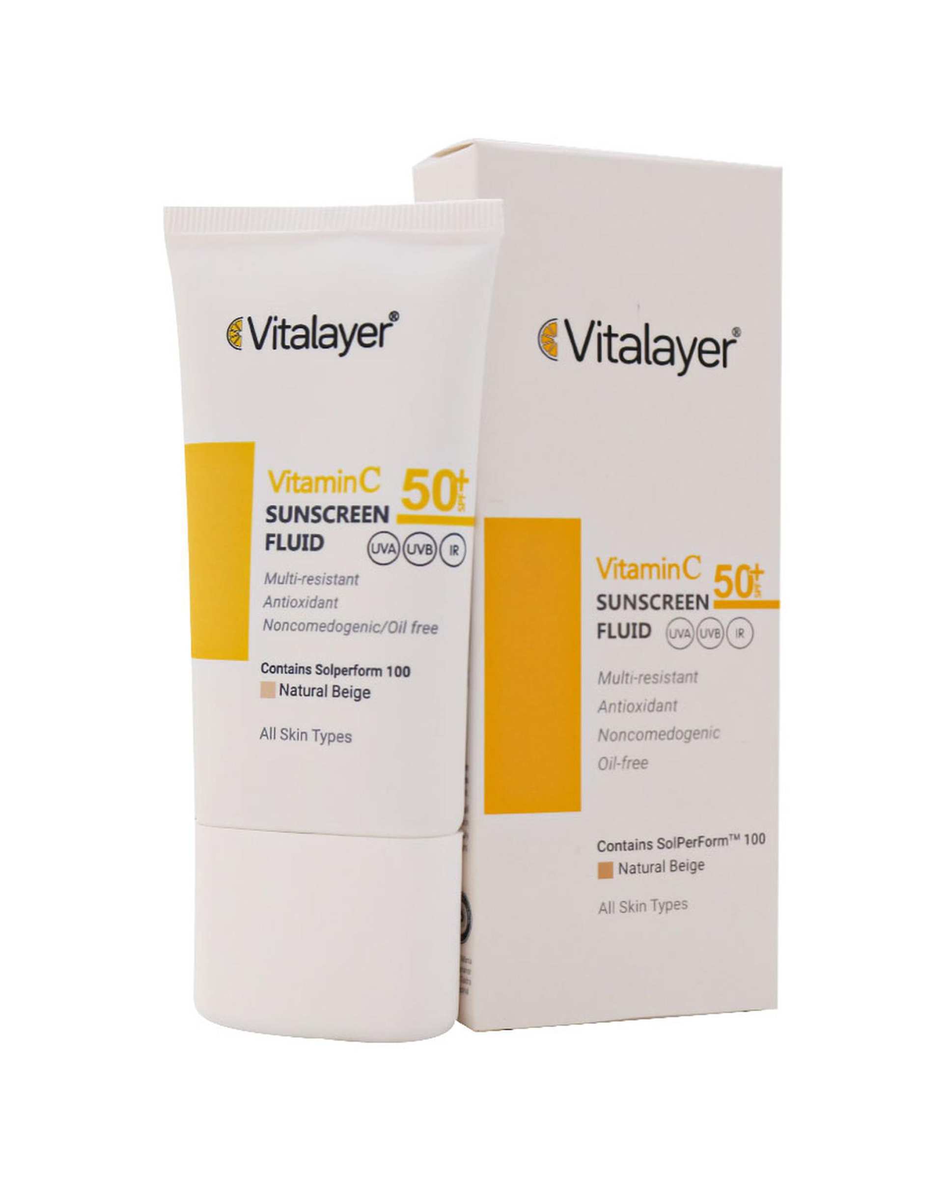 فلوئید ضد آفتاب رنگی SPF50 ویتالیر Vitalayer حاوی ویتامین C رنگ بژ طبیعی حجم 50ml