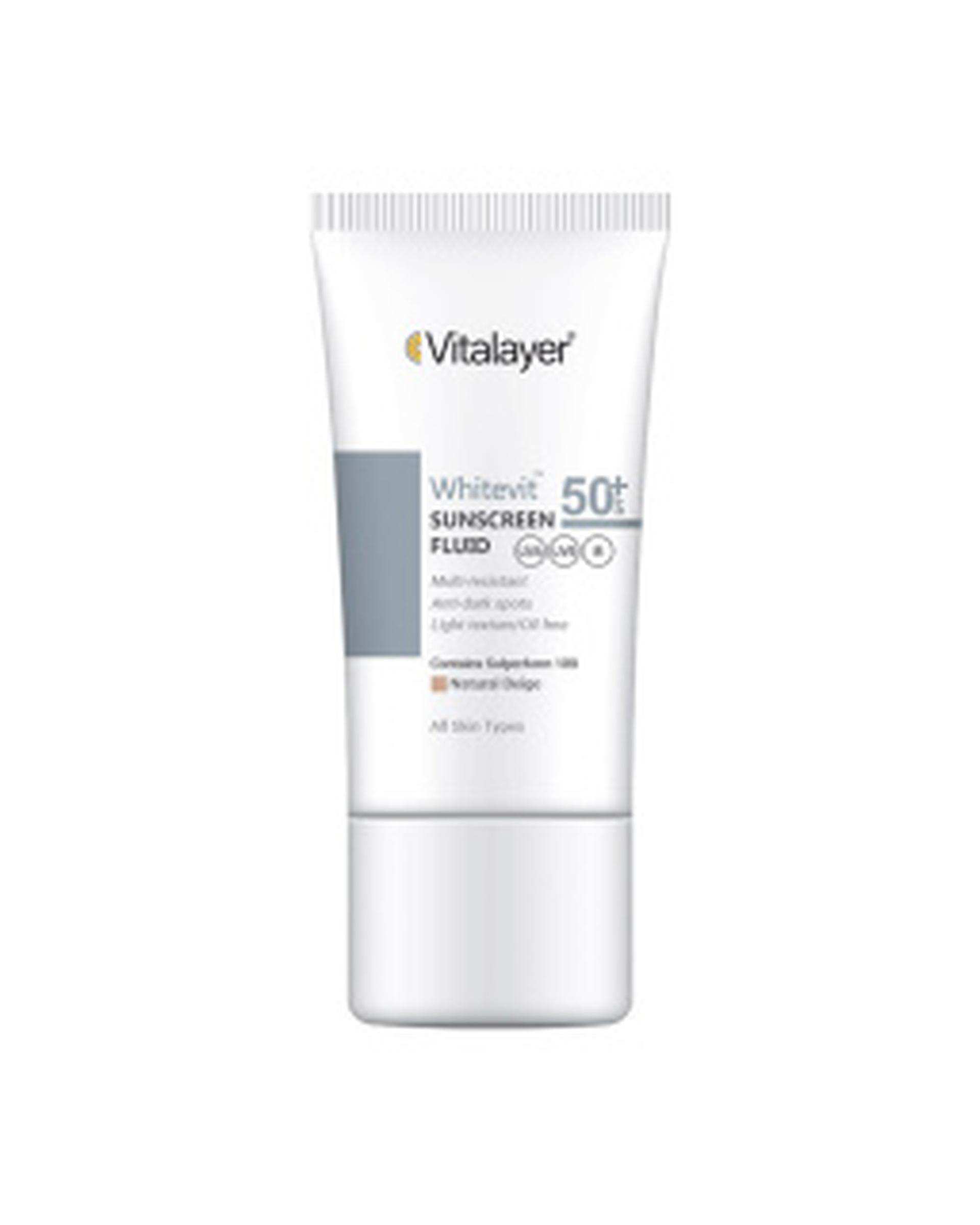 فلوئید ضد آفتاب رنگی ویتالیر Vitalayer وایت ویت Whitevit مناسب پوست تیره و لک دار رنگ بژ طبیعی 50ml