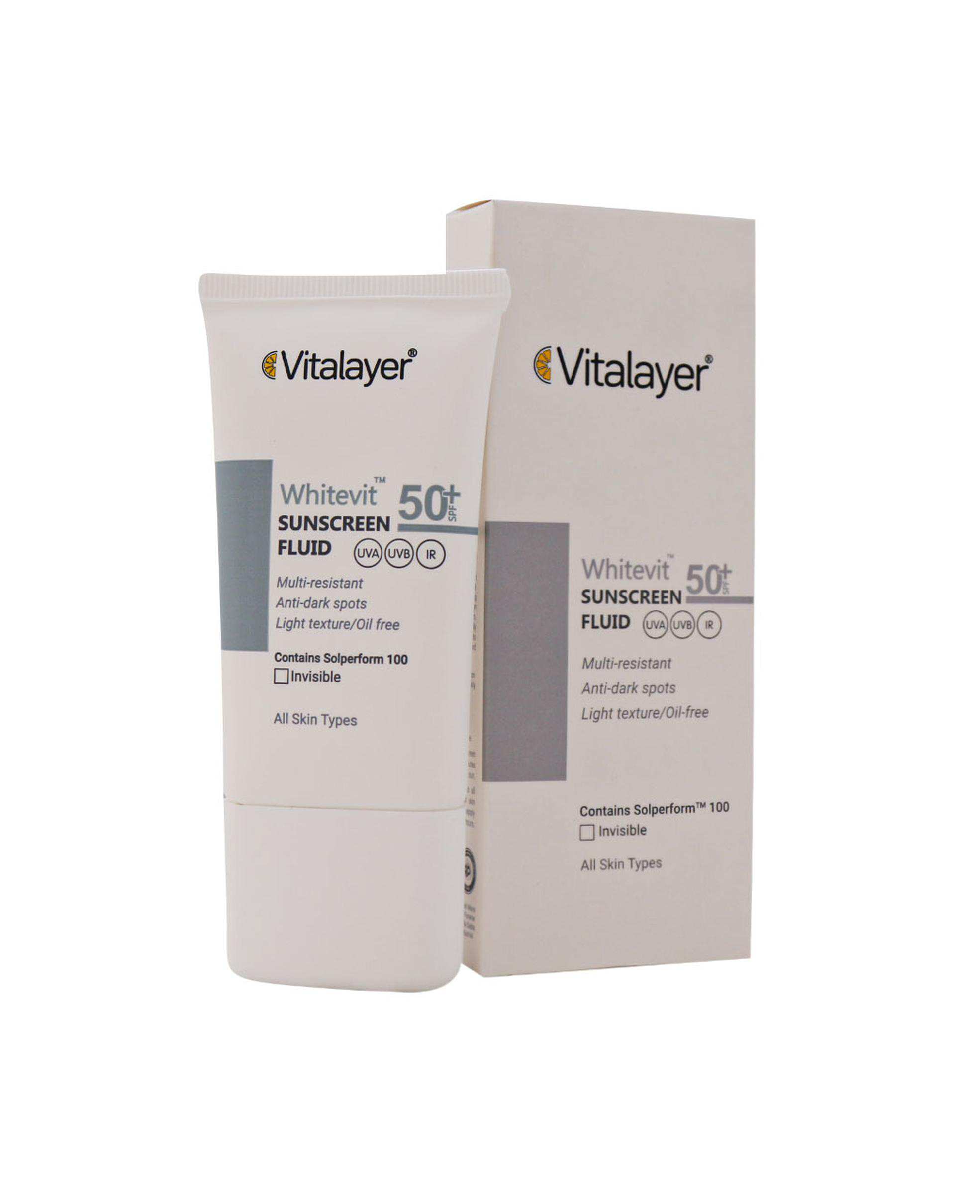 فلوئید ضد آفتاب ضد لک بی رنگ SPF50 وایت ویت ویتالیر Vitalayer حجم 50ml