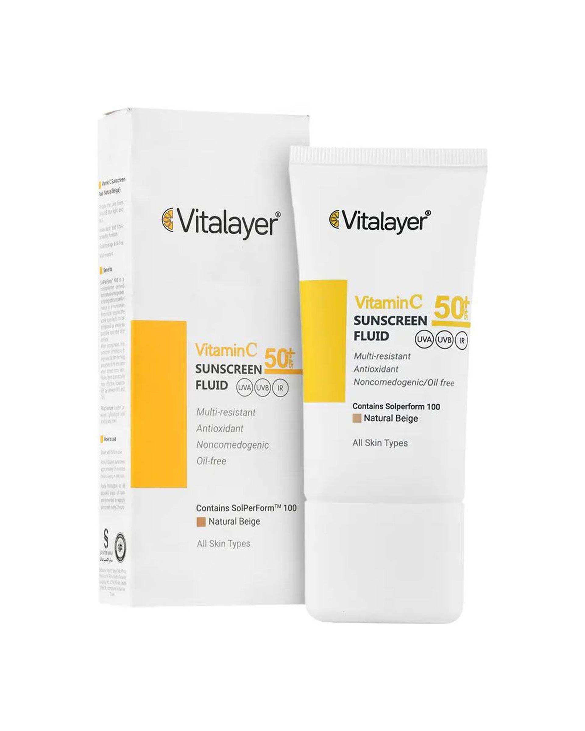 فلویید ضد آفتاب رنگی SPF50 ویتامین سی ویتالیر Vitalayer بژ طبیعی 50ml