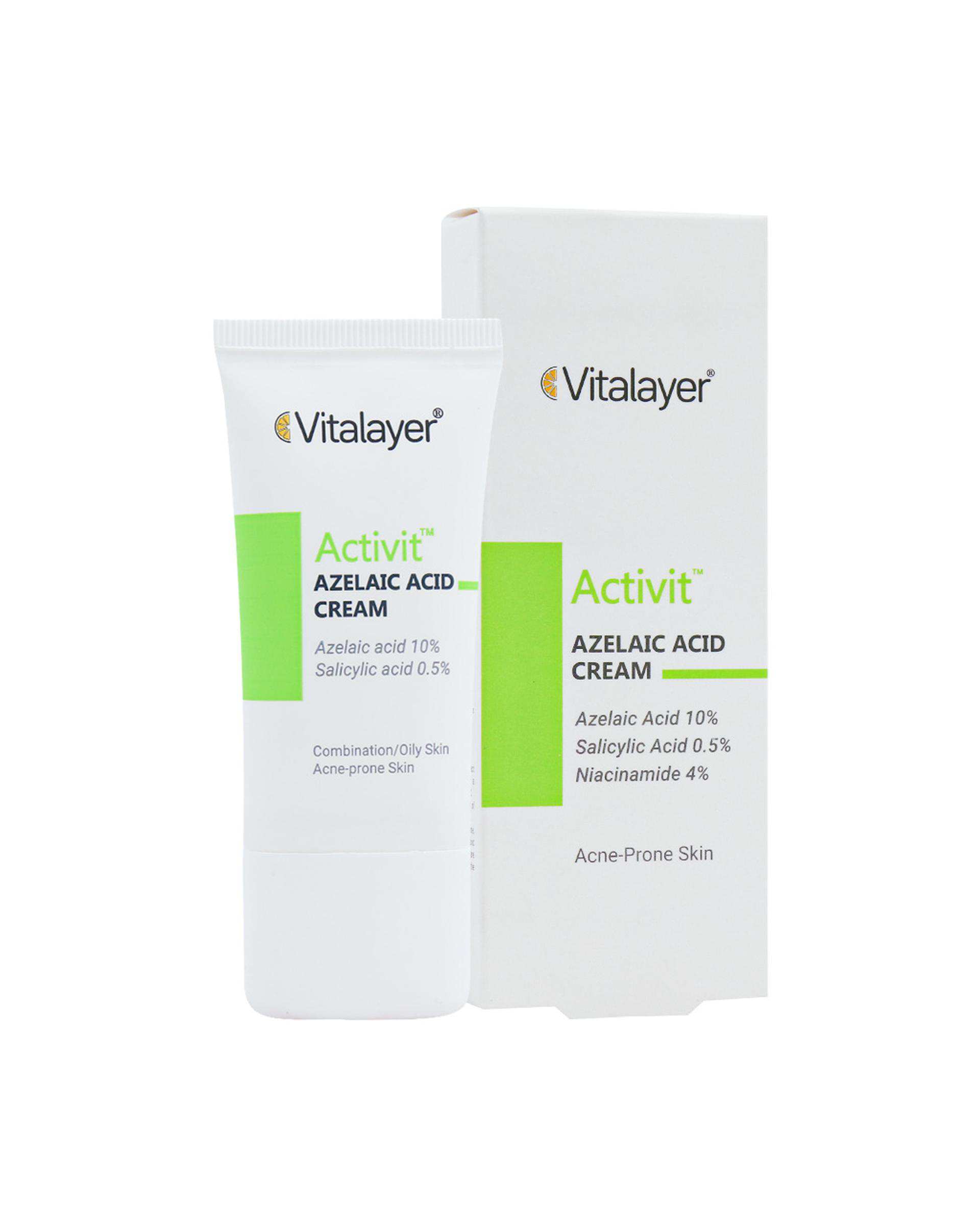 کرم روشن کننده و پاک کننده منافذ پوست ویتالیر Vitalayer سری اکتی ویت حاوی آزلائیک اسید 10% حجم 30ml