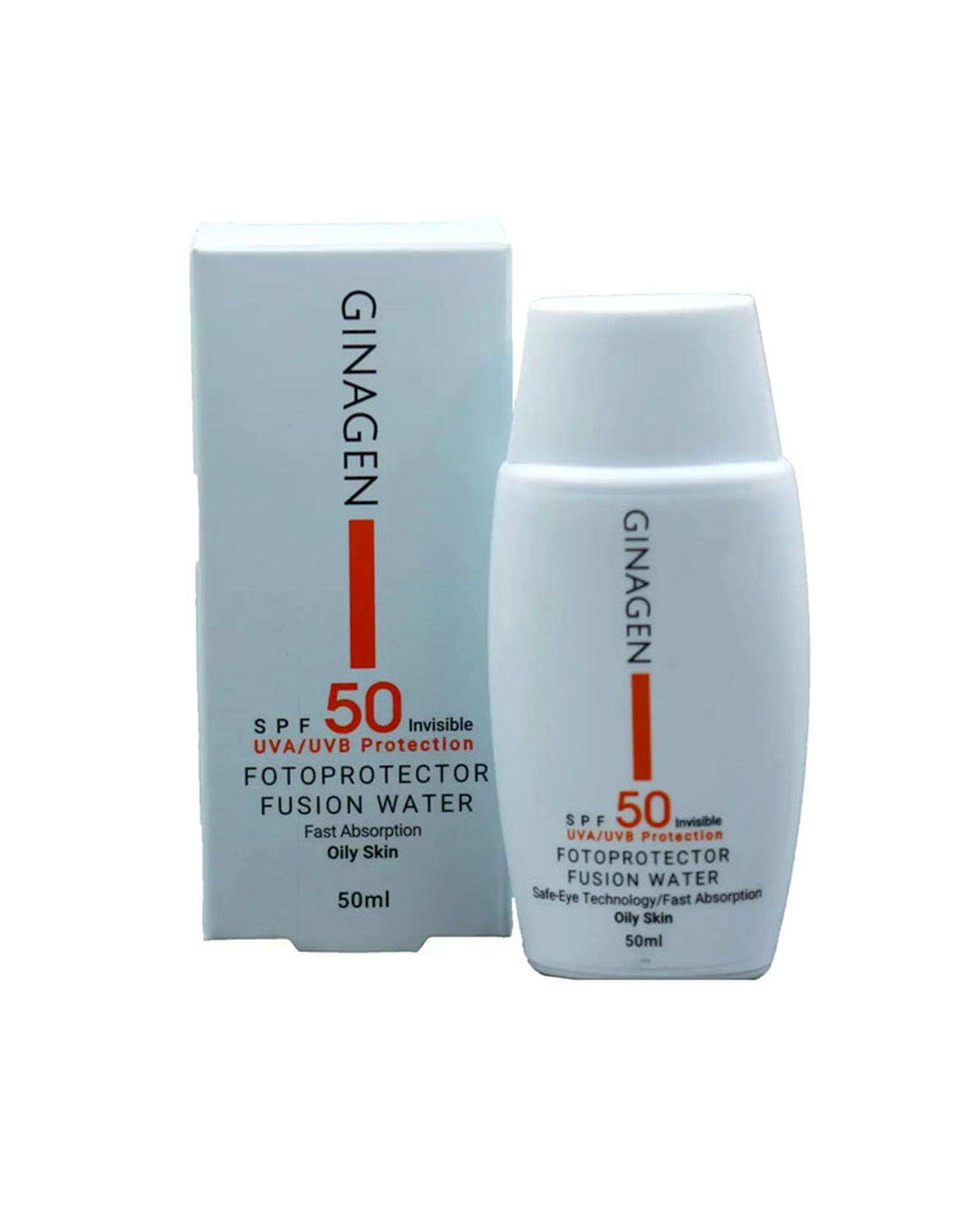 کرم ضد آفتاب بی رنگ SPF50 ژیناژن Ginagen مدل Fusion liquid مناسب پوست چرب 50ml