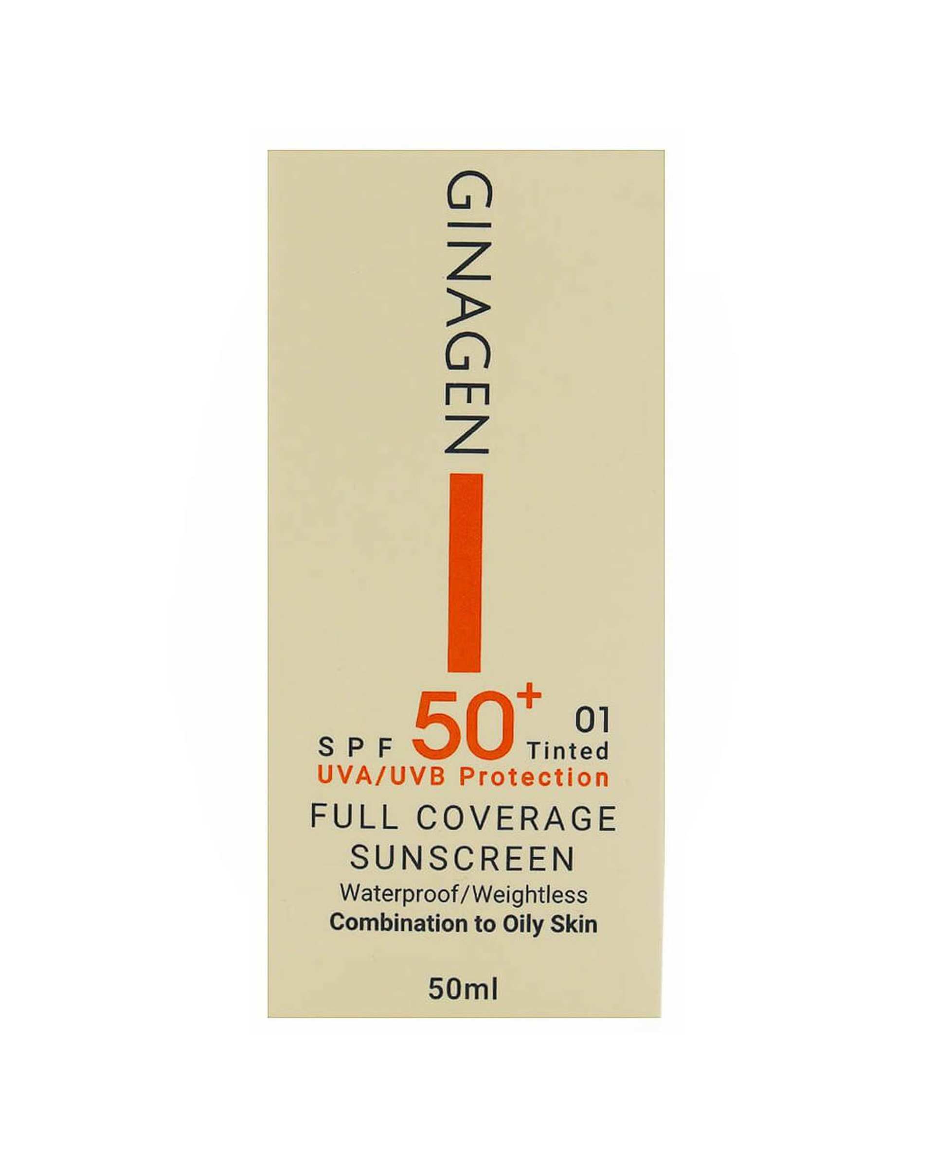 کرم ضد آفتاب رنگی SPF50 ژیناژن Ginagen مدل Full Coverage مناسب پوست چرب و مختلط شماره 01 حجم 50ml