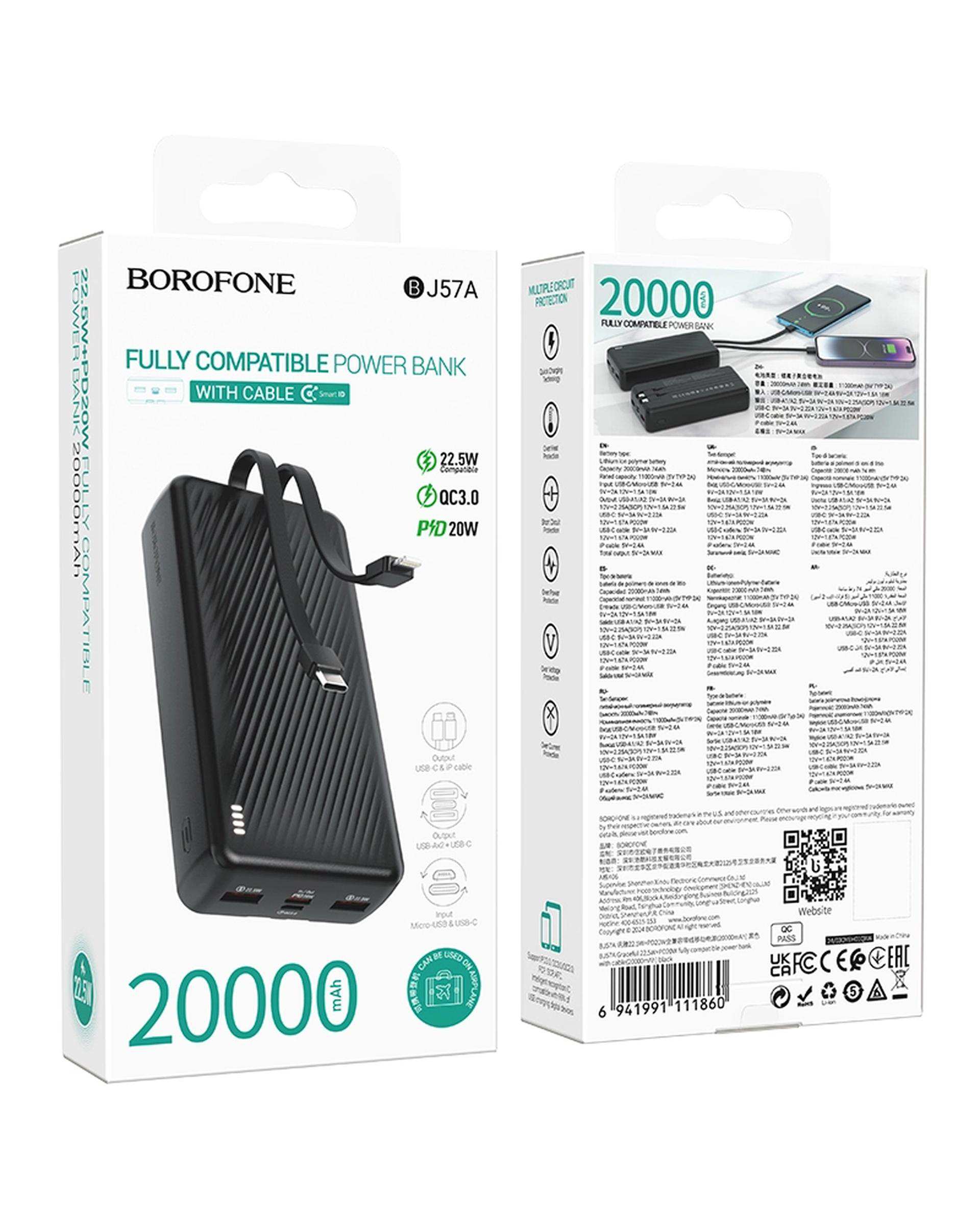 پاور بانک مشکی بروفون BOROFONE مدل BJ57A 22.5W ظرفیت 20000 میلی آمپر ساعت