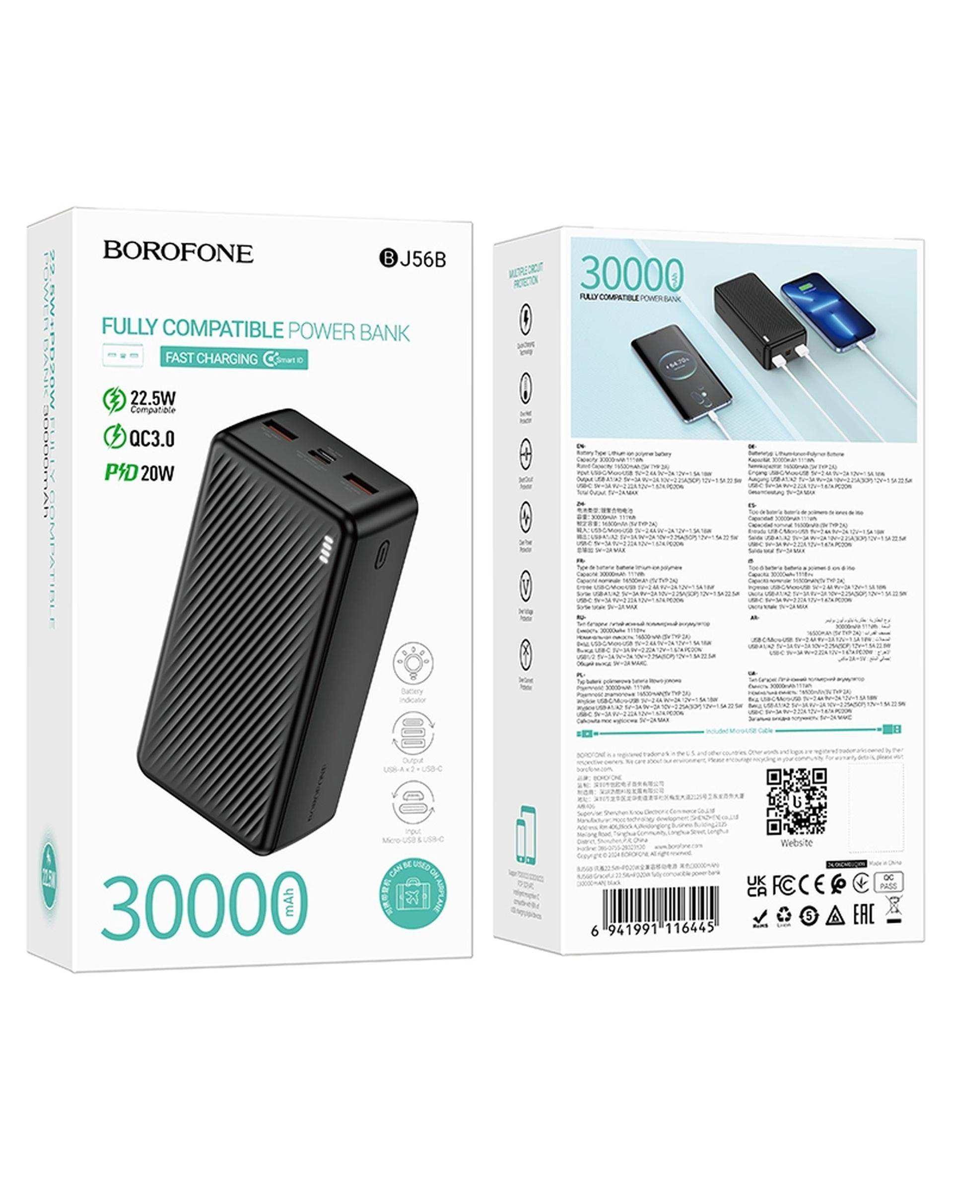 پاور بانک مشکی بروفون BOROFONE مدل BJ56B 22.5W ظرفیت 30000 میلی آمپر ساعت