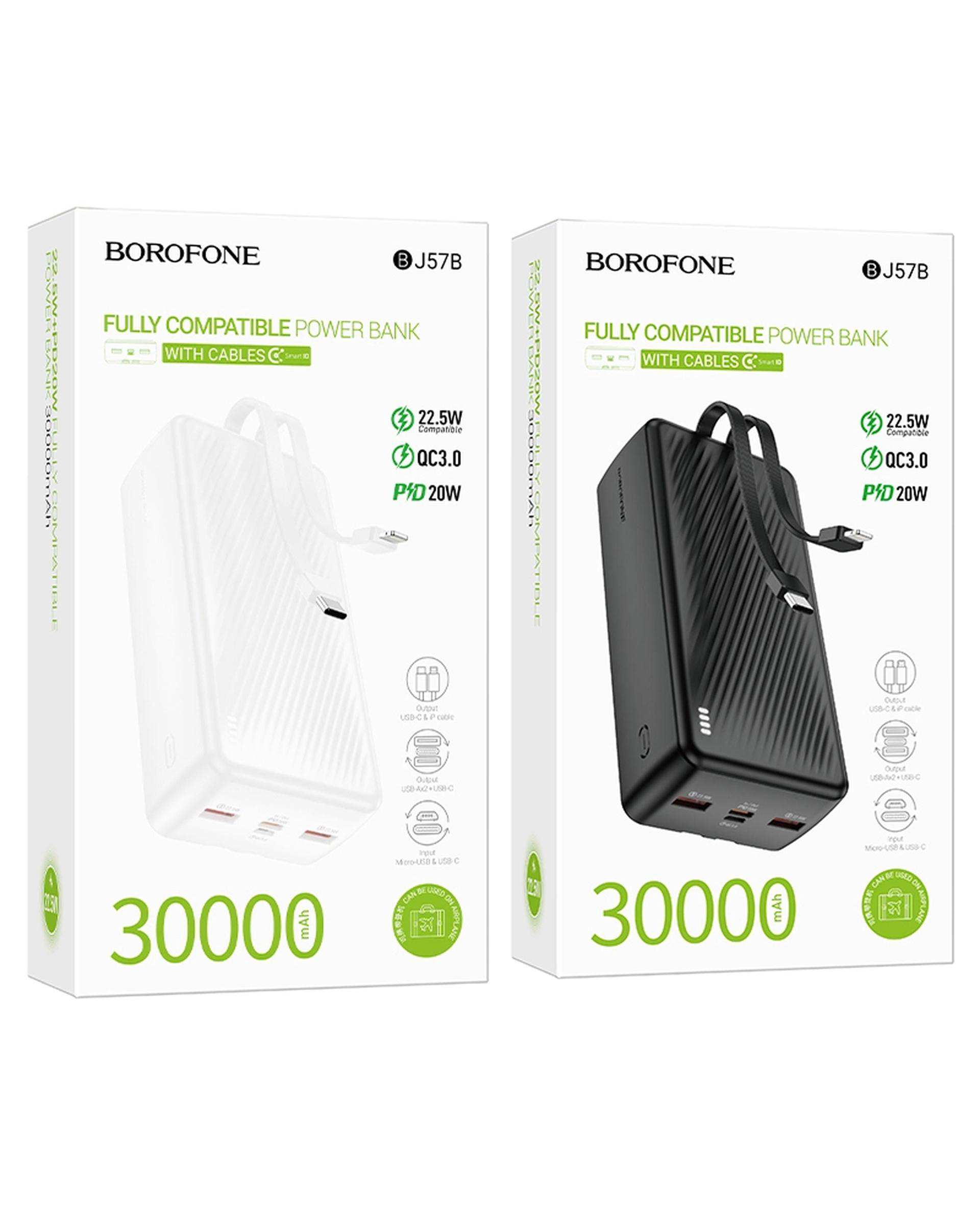 پاور بانک سفید بروفون BOROFONE مدل BJ57B 22.5W ظرفیت 30000 میلی آمپر ساعت