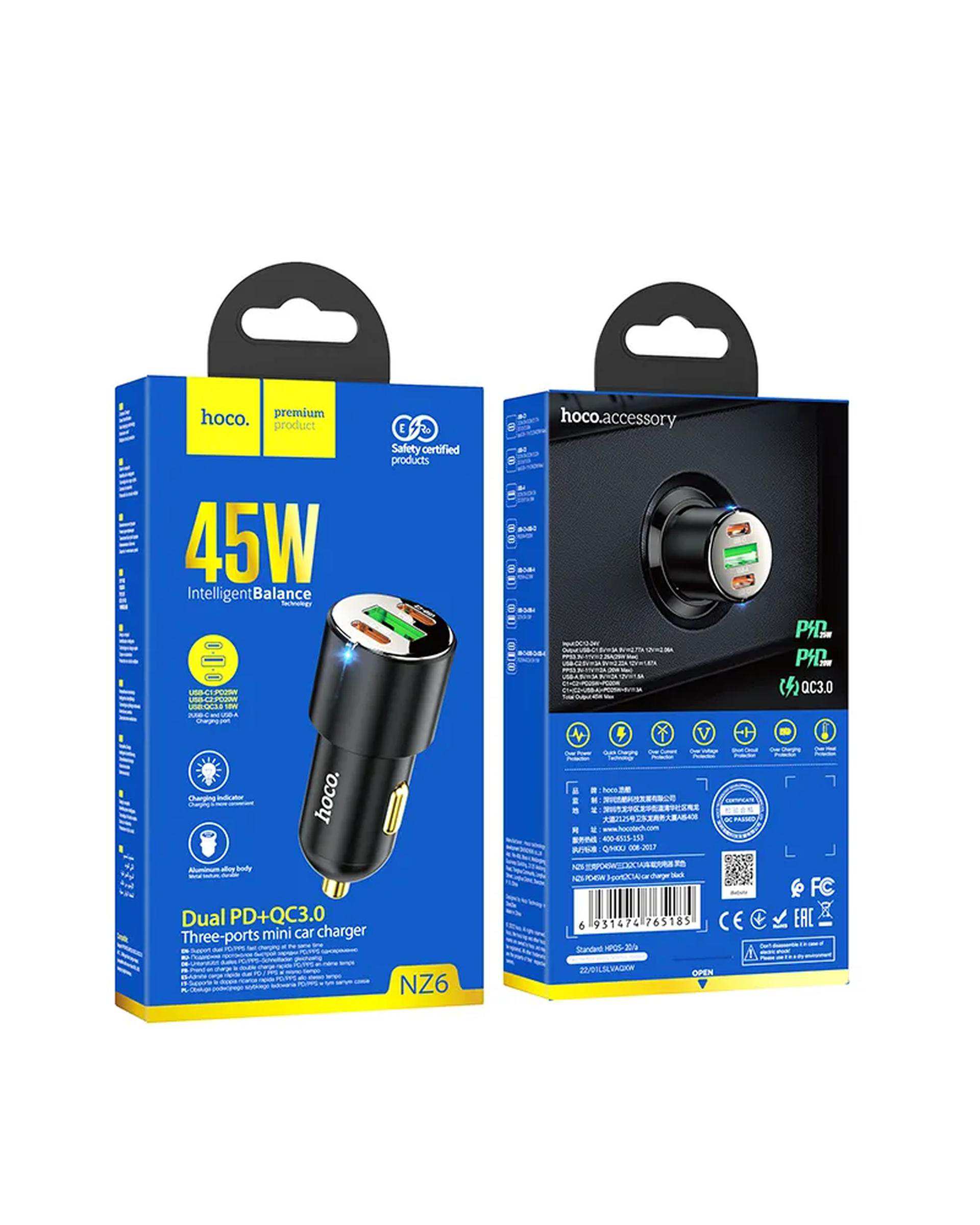 شارژر فندکی 45 وات مشکی هوکو HOCO مدل NZ6 USB