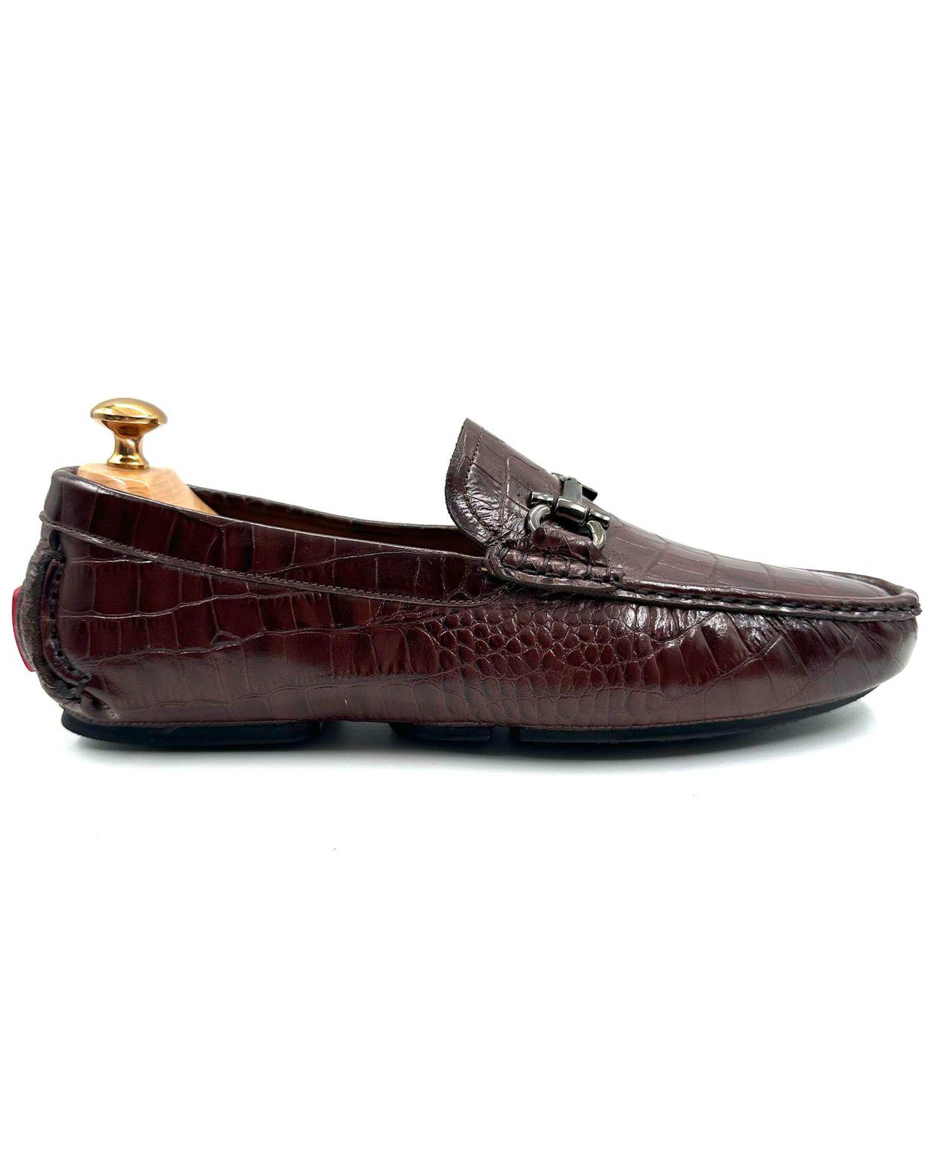 کفش کالج چرم مردانه طبی قهوه ای کروکودیلی چرم میخچی Mikhchi Leather مدل K4