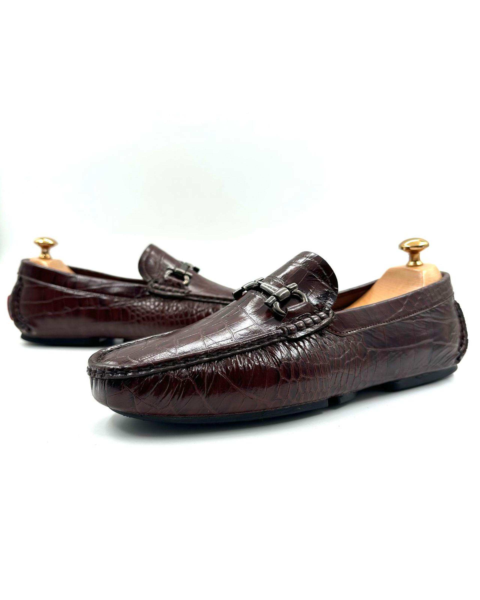 کفش کالج چرم مردانه طبی قهوه ای کروکودیلی چرم میخچی Mikhchi Leather مدل K4