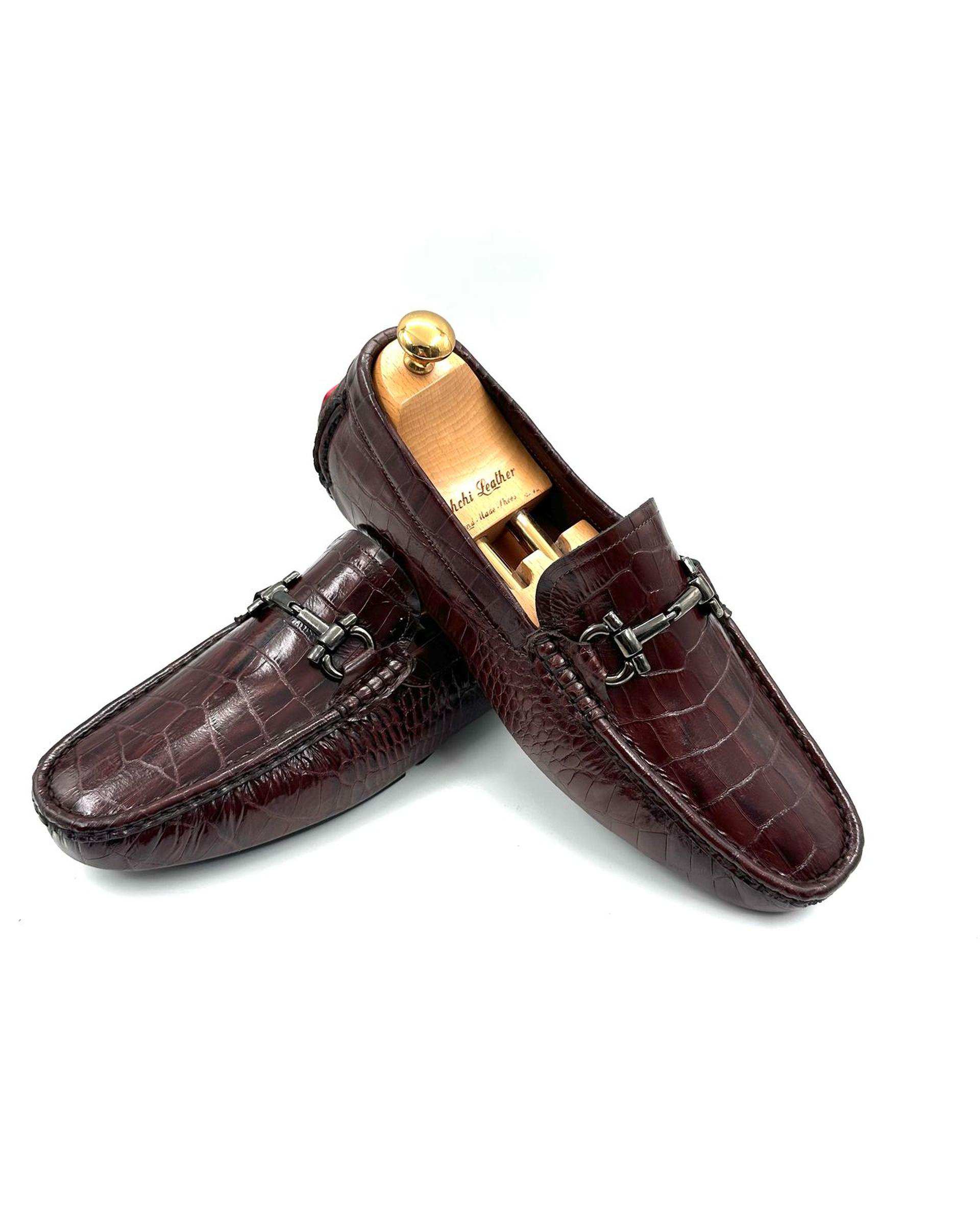 کفش کالج چرم مردانه طبی قهوه ای کروکودیلی چرم میخچی Mikhchi Leather مدل K4