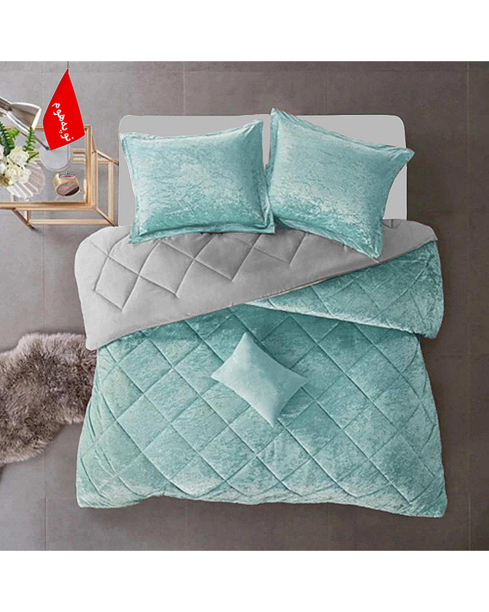 سرویس لحاف روتختی مینیمال مخمل دو نفره 7 تکه آبی آسمانی نوپه هوم Nopehome طرح لوزی کد MKH02