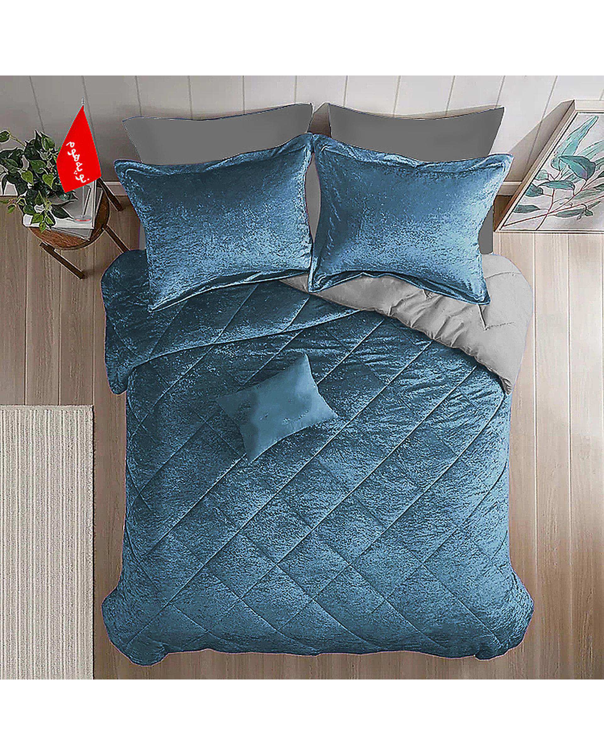 سرویس لحاف روتختی مینیمال مخمل دو نفره 7 تکه آبی دریایی نوپه هوم Nopehome طرح لوزی کد MKH04