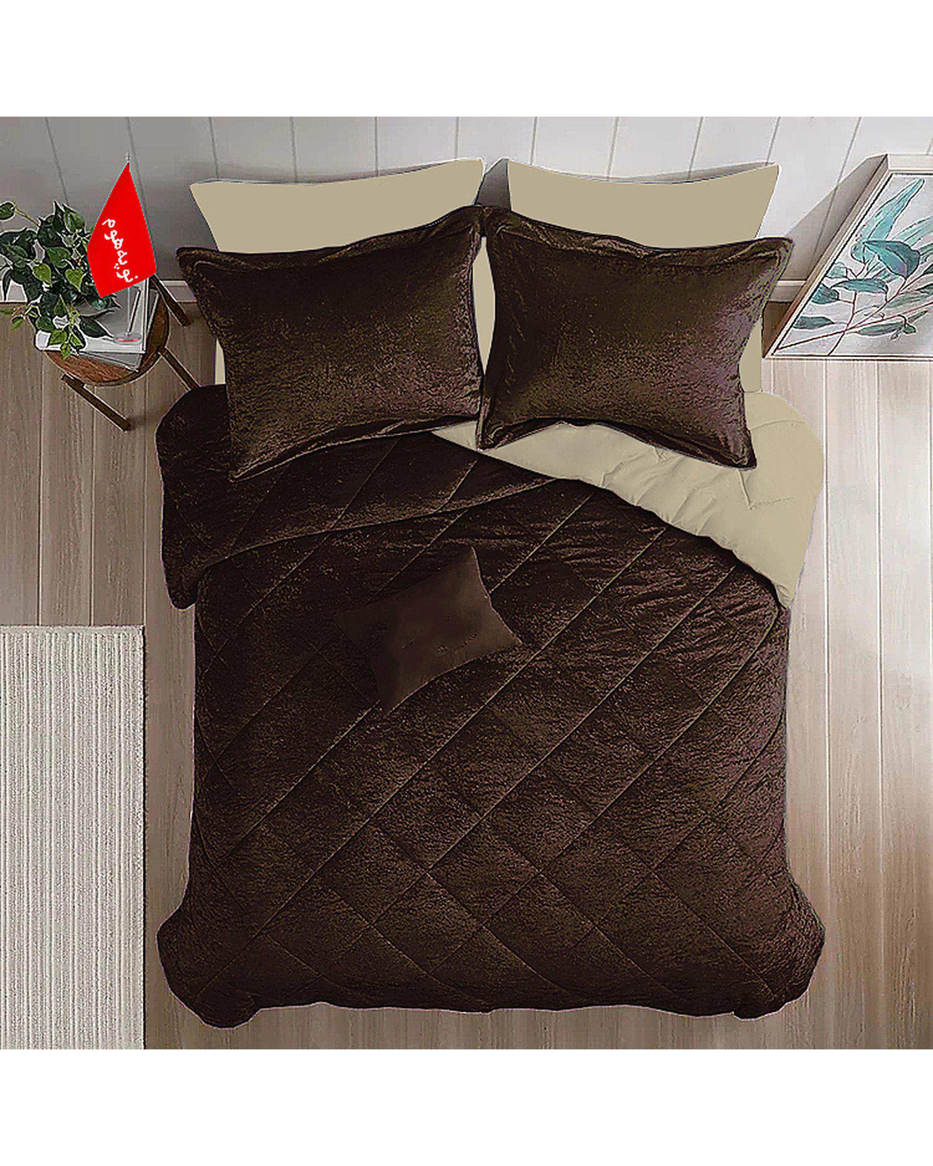 سرویس لحاف روتختی مینیمال مخمل یک نفره 5 تکه قهوه ای تیره نوپه هوم Nopehome طرح لوزی کد MKH20