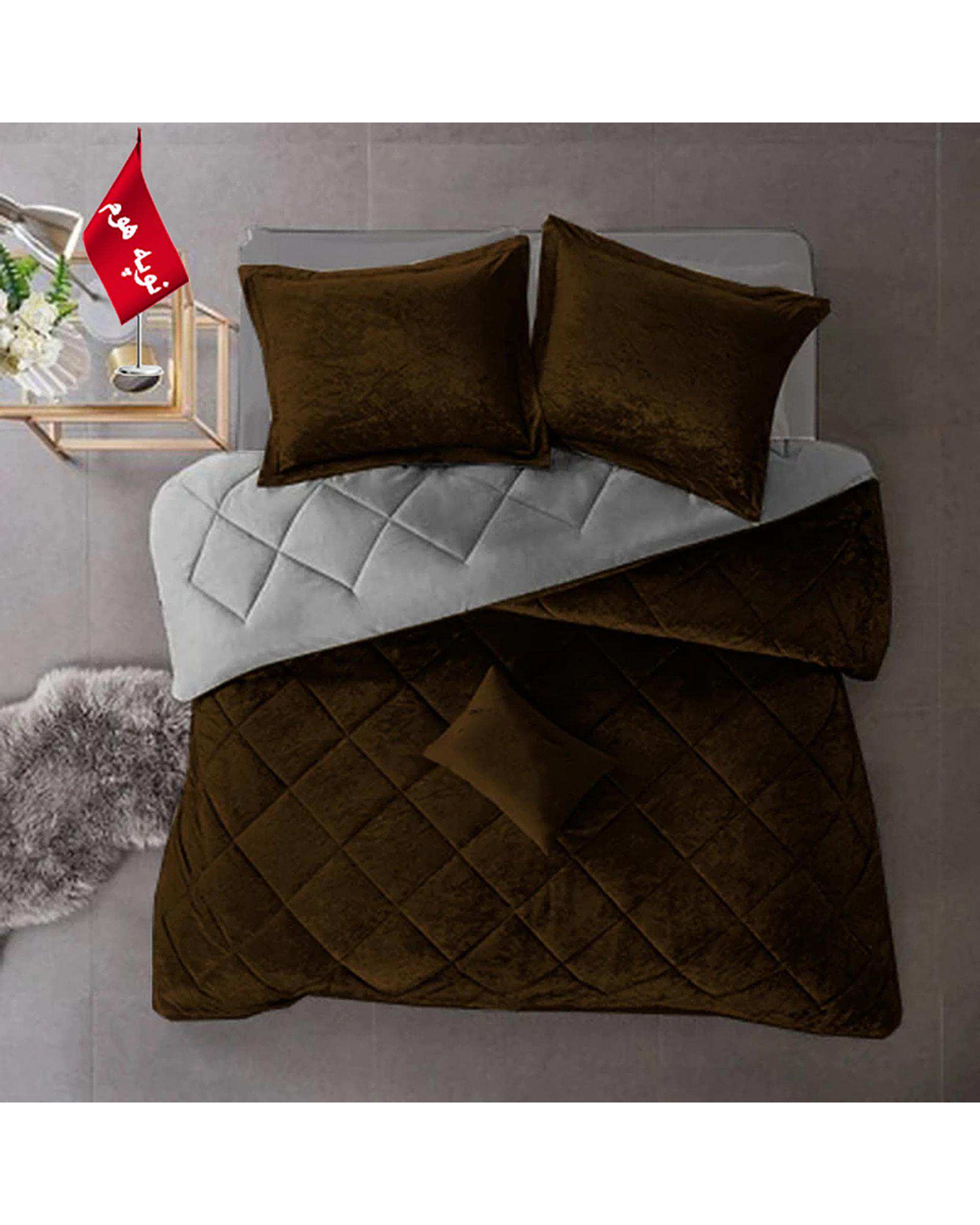 سرویس لحاف روتختی مینیمال مخمل دو نفره 7 تکه قهوه ای نوپه هوم Nopehome طرح لوزی کد MKH29
