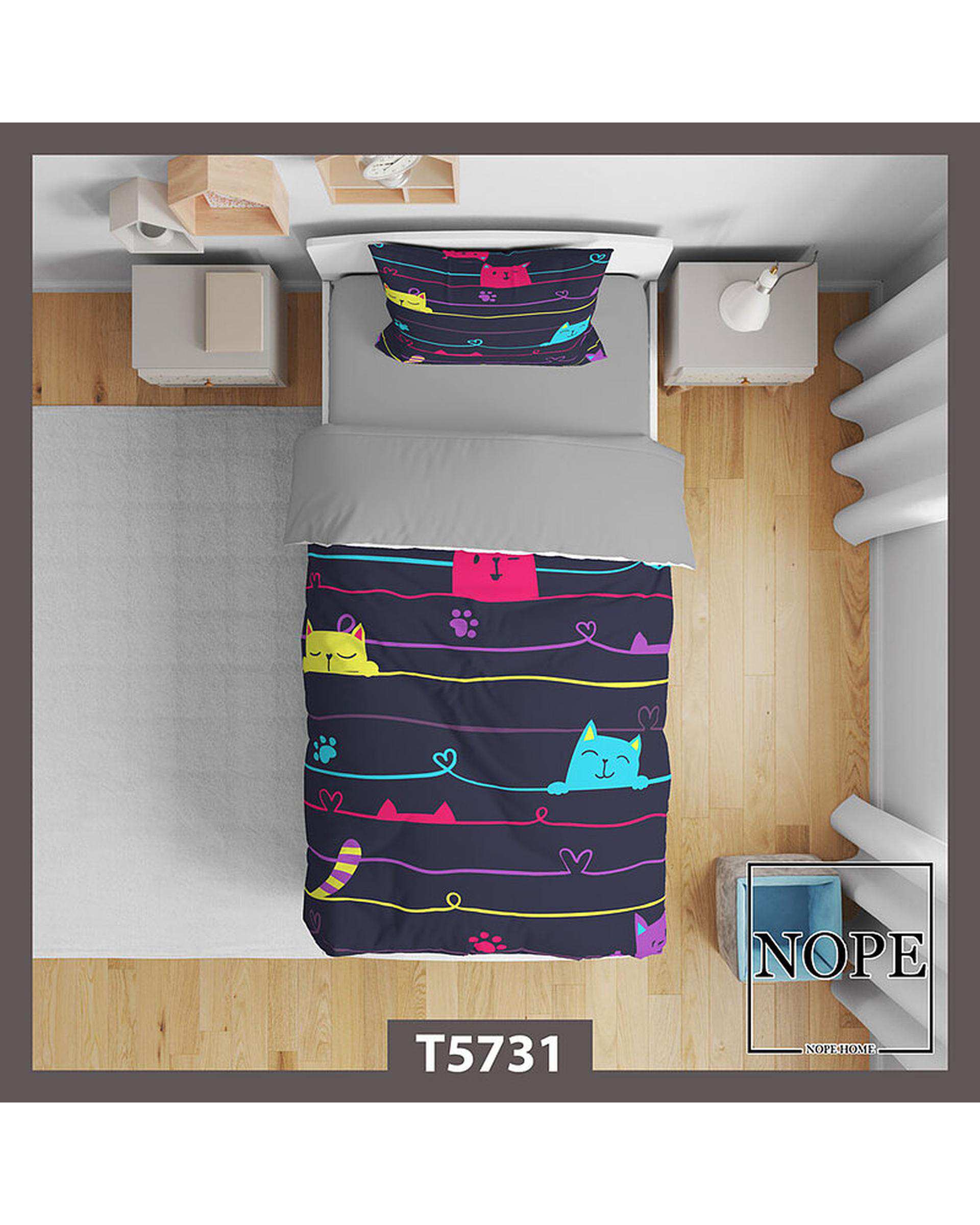 سرویس لحاف روتختی کودک یک نفره 5 تکه نوپه هوم Nopehome طرح پترن گربه کد T5731