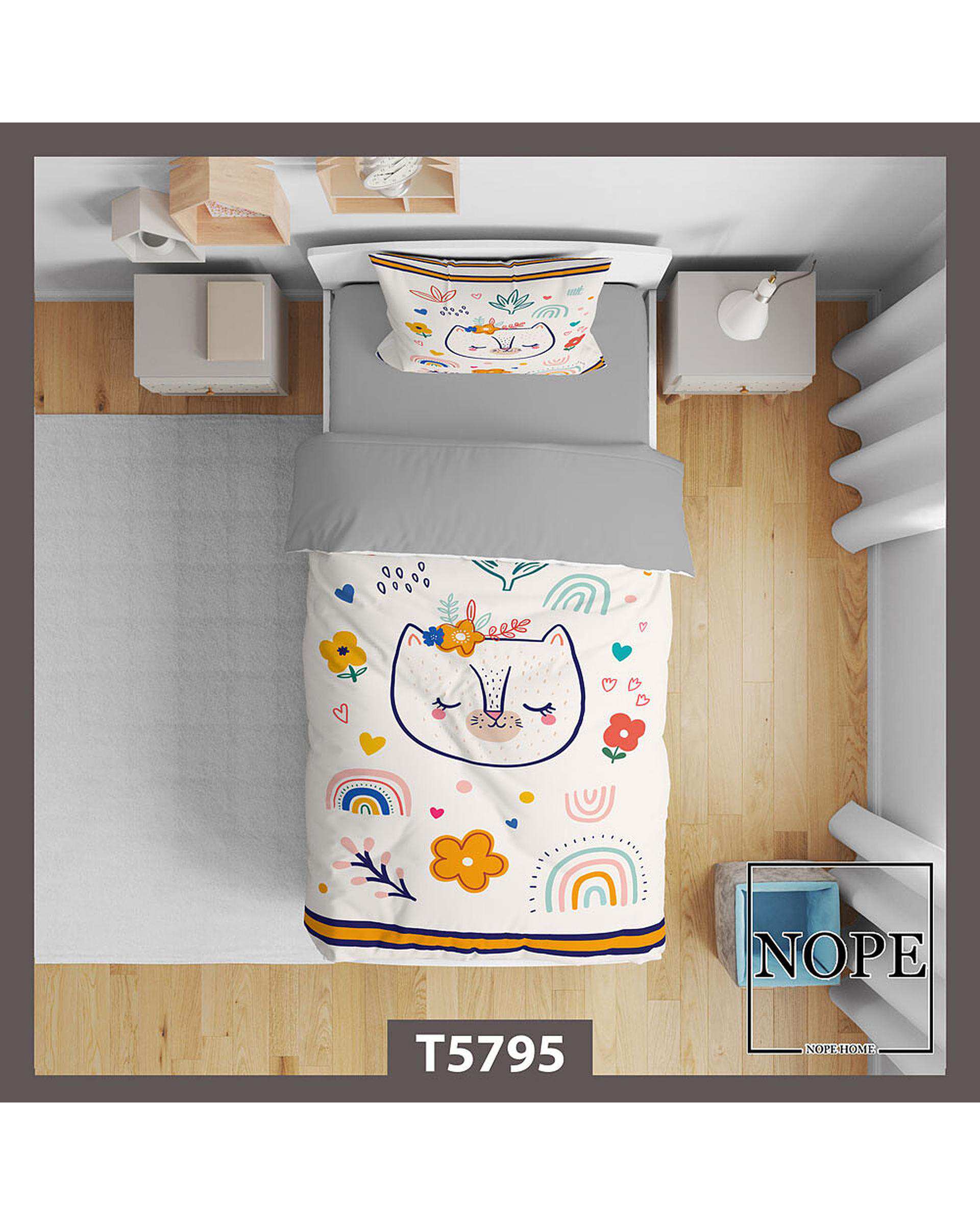 سرویس لحاف روتختی کودک یک نفره 5 تکه نوپه هوم Nopehome طرح گربه و رنگین کمان کد T5795