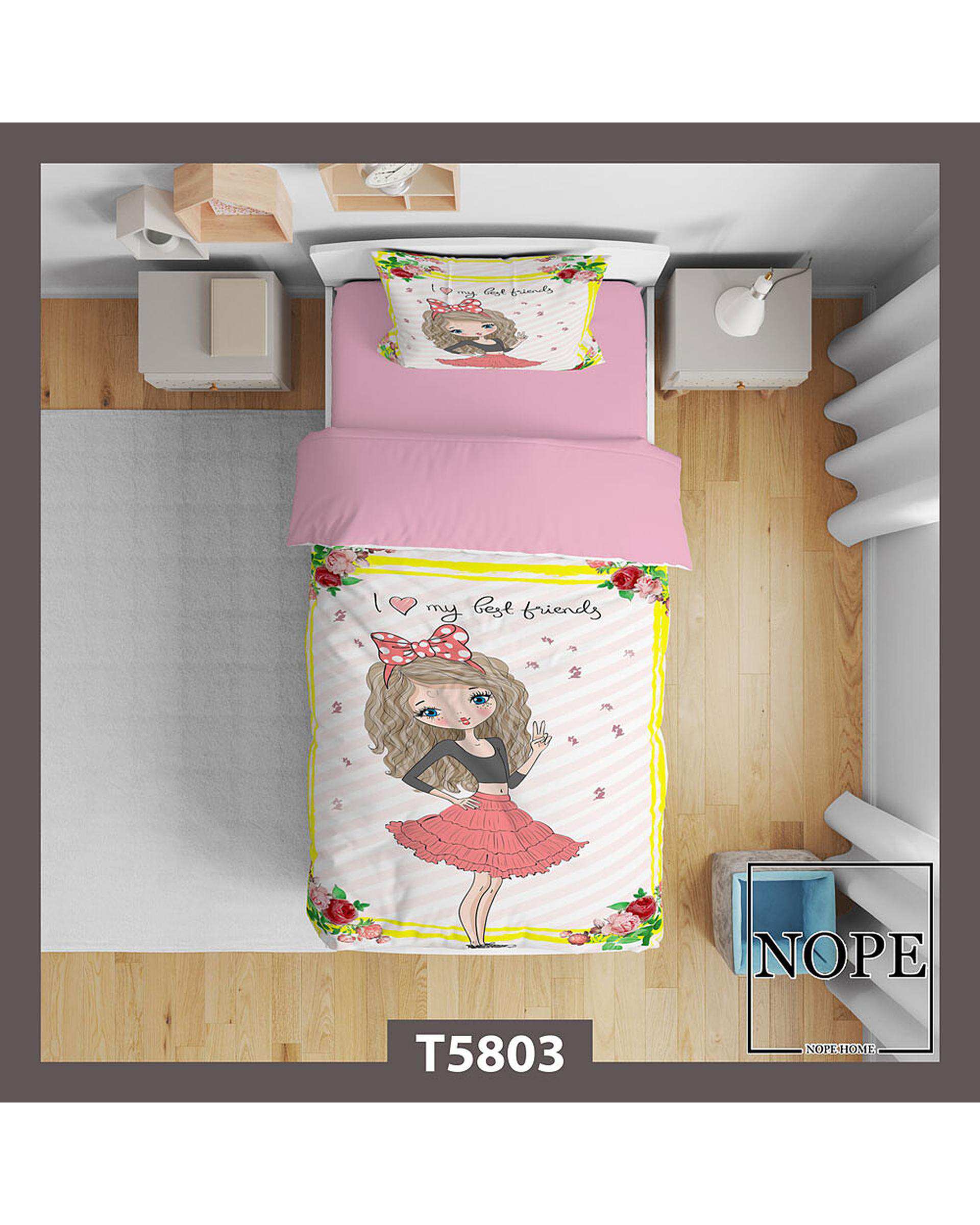 سرویس لحاف روتختی کودک یک نفره 5 تکه نوپه هوم Nopehome طرح دختر مو فرفری کد T5803