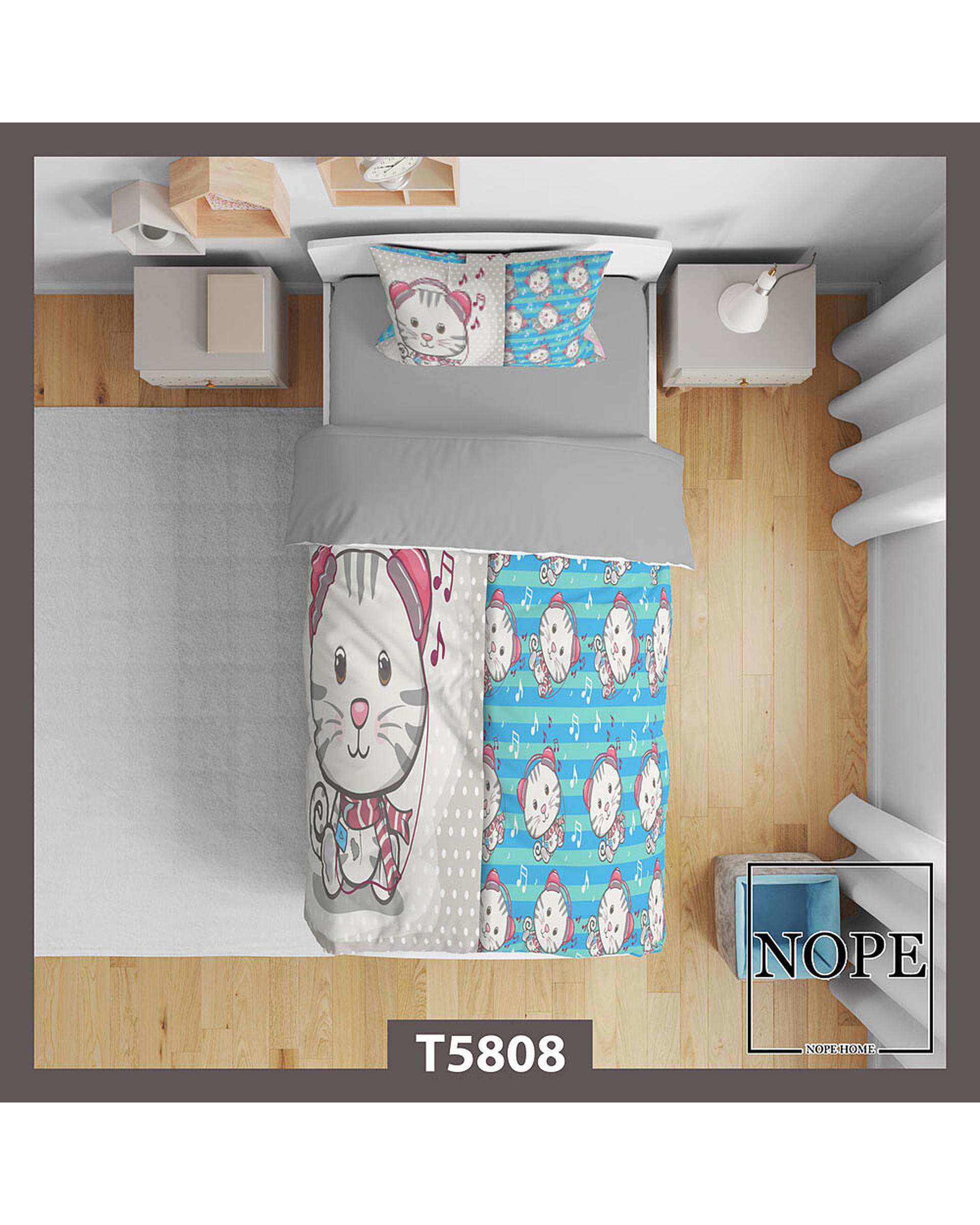 سرویس لحاف روتختی کودک یک نفره 5 تکه نوپه هوم Nopehome طرح گربه کد T5808