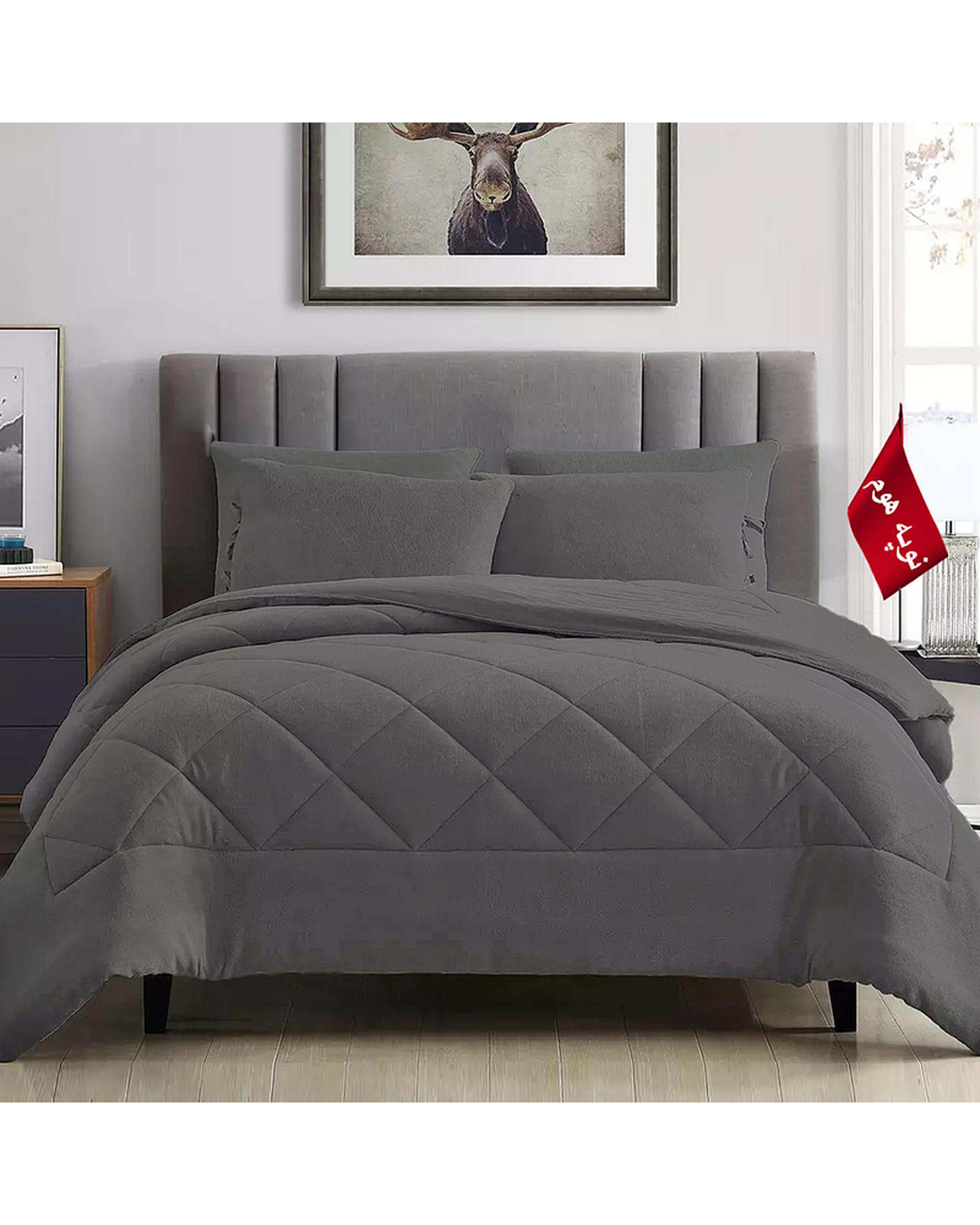 سرویس لحاف روتختی مینیمال کتان مخمل یک نفره 5 تکه طوسی تیره نوپه هوم Nopehome طرح لوزی کد MKK10