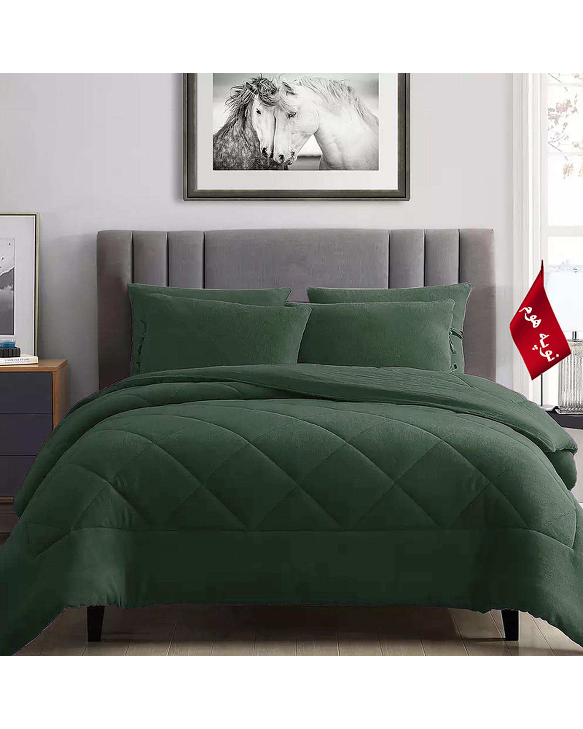 سرویس لحاف روتختی مینیمال کتان مخمل یک نفره 5 تکه سبز تیره نوپه هوم Nopehome طرح لوزی کد MKK11