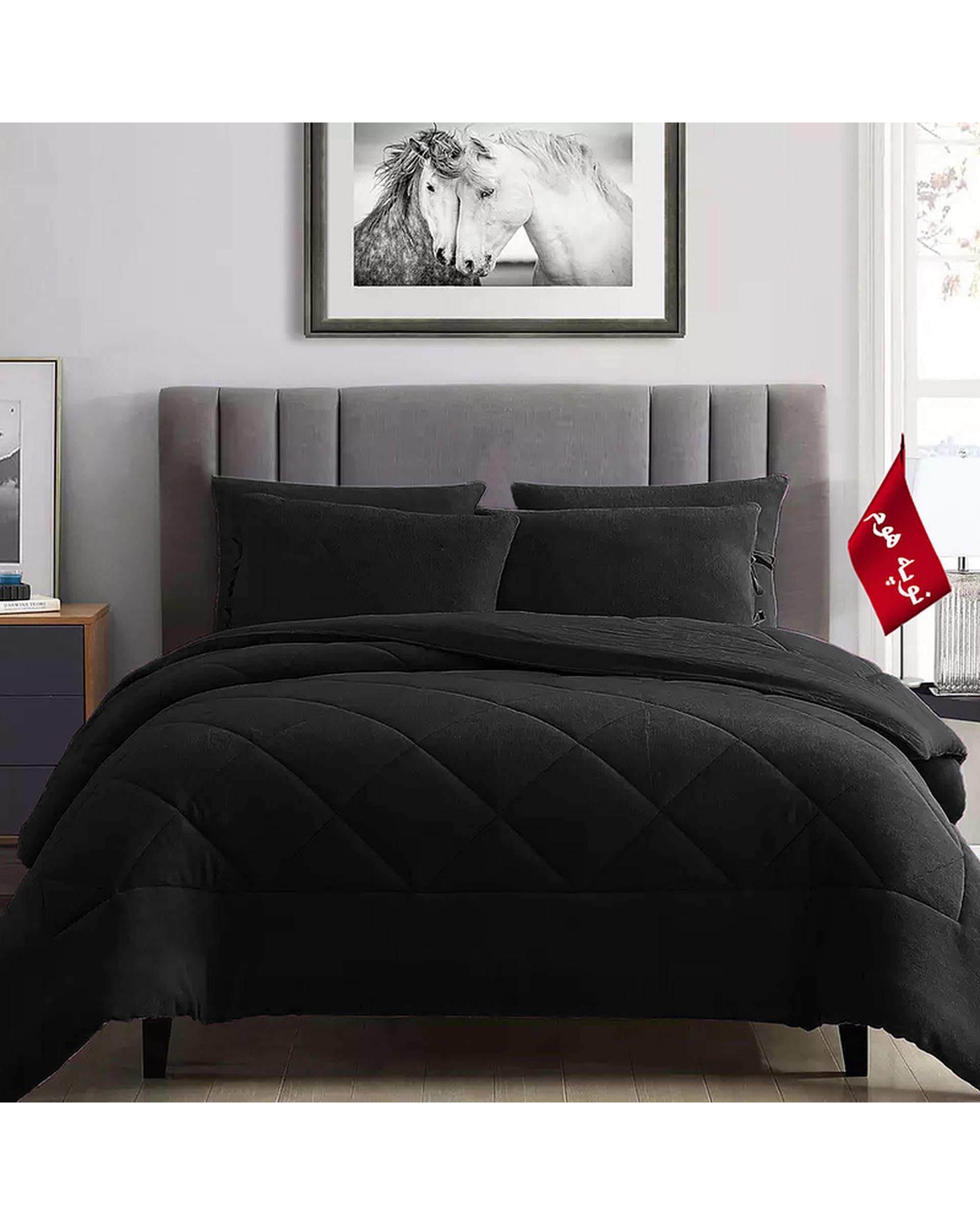 سرویس لحاف روتختی مینیمال کتان مخمل یک نفره 5 تکه مشکی نوپه هوم Nopehome طرح لوزی کد MKK13