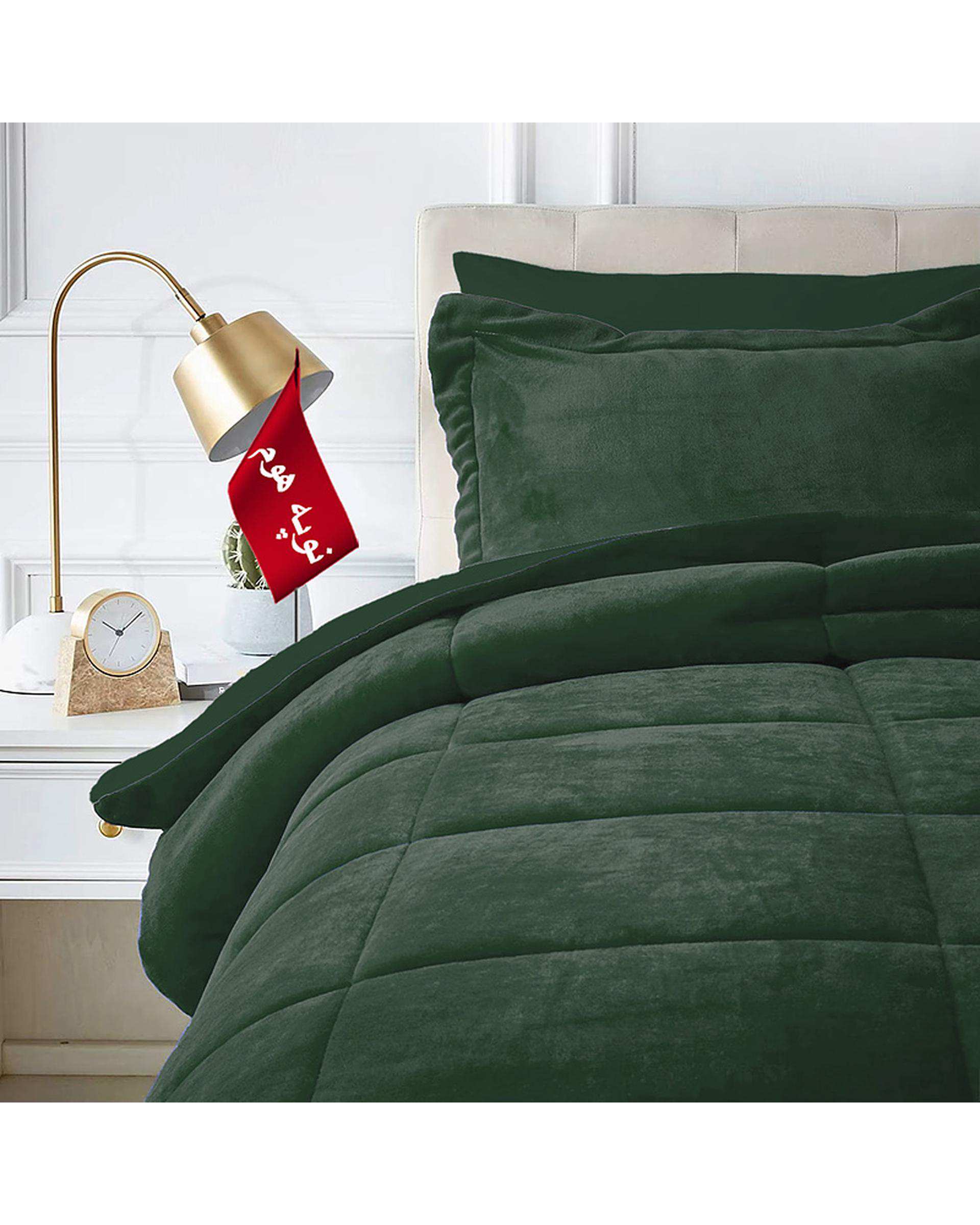 سرویس لحاف روتختی مینیمال کتان مخمل یک نفره 5 تکه سبز تیره نوپه هوم Nopehome طرح مربع کد MKK25