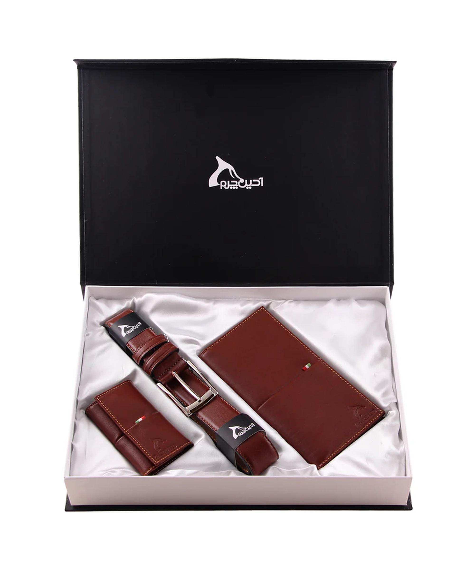ست هدیه چرم مردانه عسلی چرم بارز Charm Barez کد DS55HB