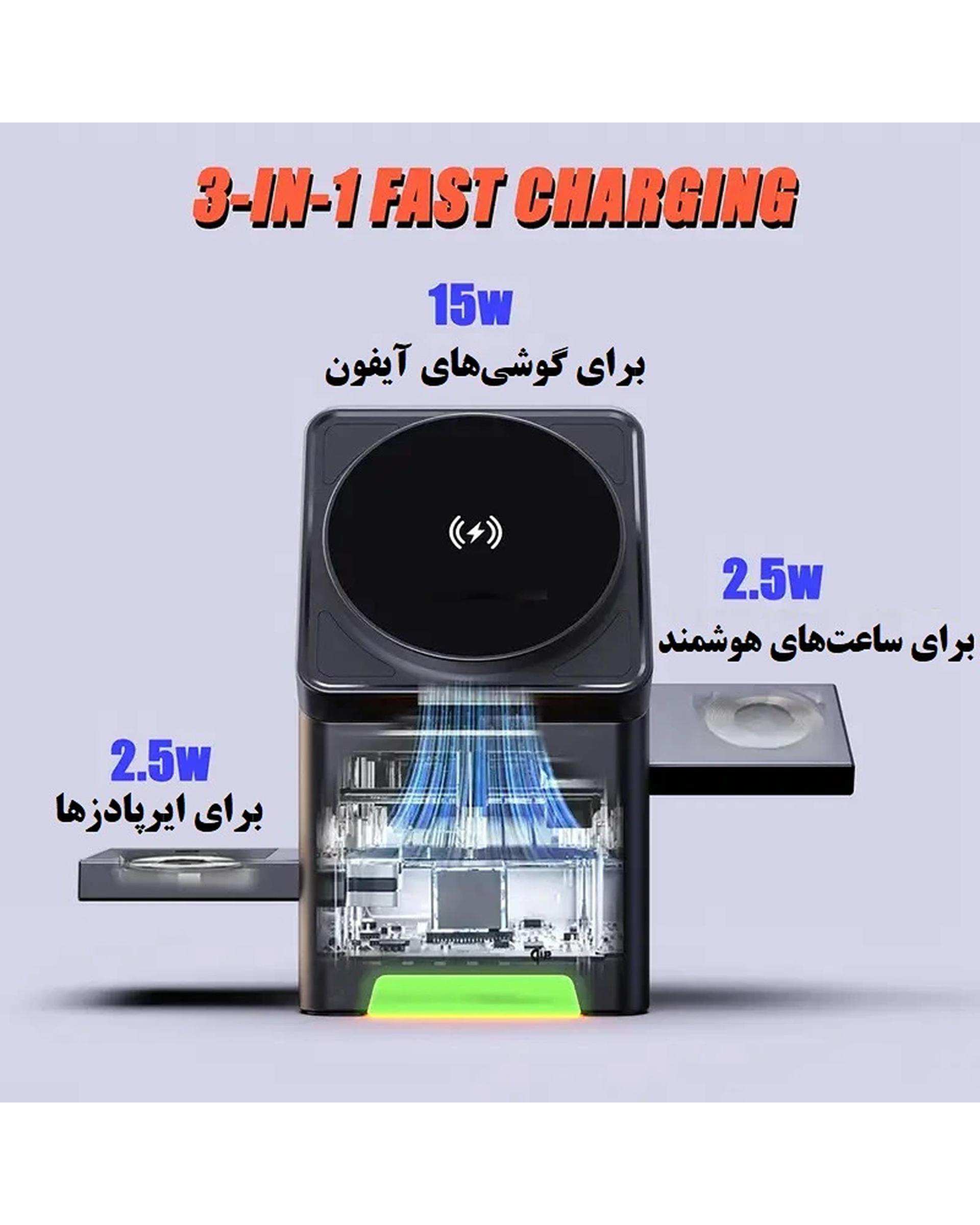 پایه شارژ رومیزی وایرلس مغناطیسی مدل Three in one Magnetic Rotatable Wireless Charger 15W R7