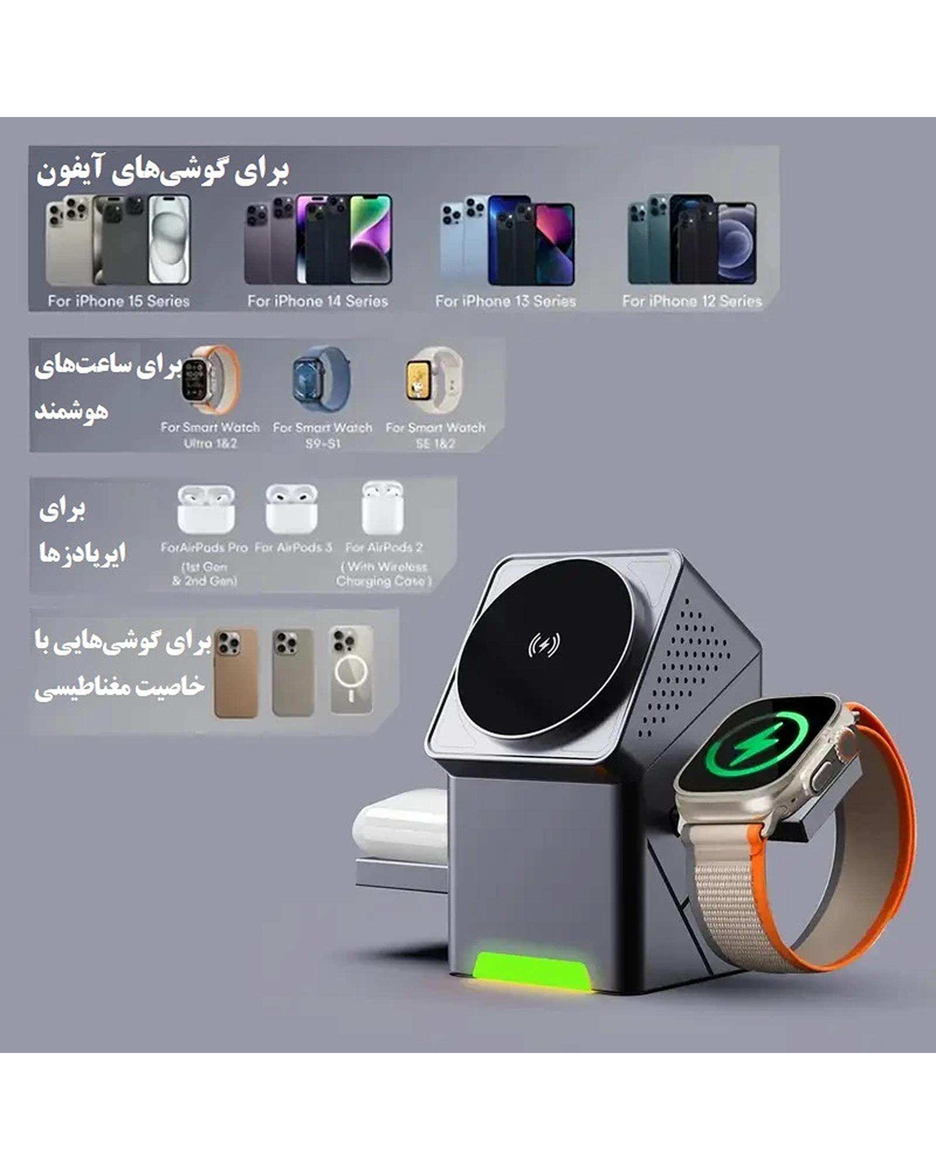 پایه شارژ رومیزی وایرلس مغناطیسی مدل Three in one Magnetic Rotatable Wireless Charger 15W R7