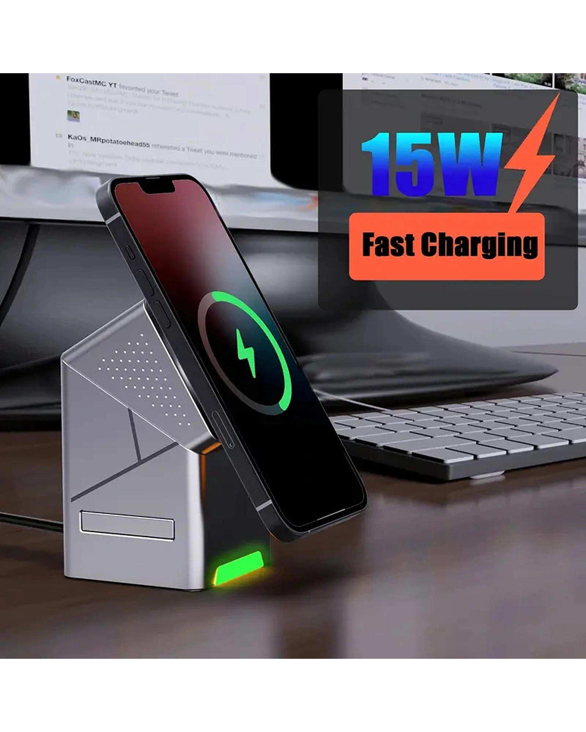 پایه شارژ رومیزی وایرلس مغناطیسی مدل Three in one Magnetic Rotatable Wireless Charger 15W R7