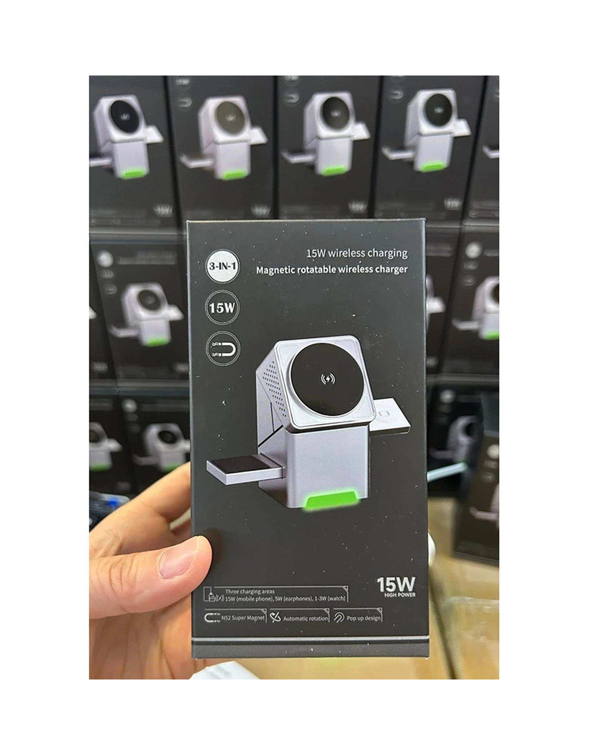 پایه شارژ رومیزی وایرلس مغناطیسی مدل Three in one Magnetic Rotatable Wireless Charger 15W R7