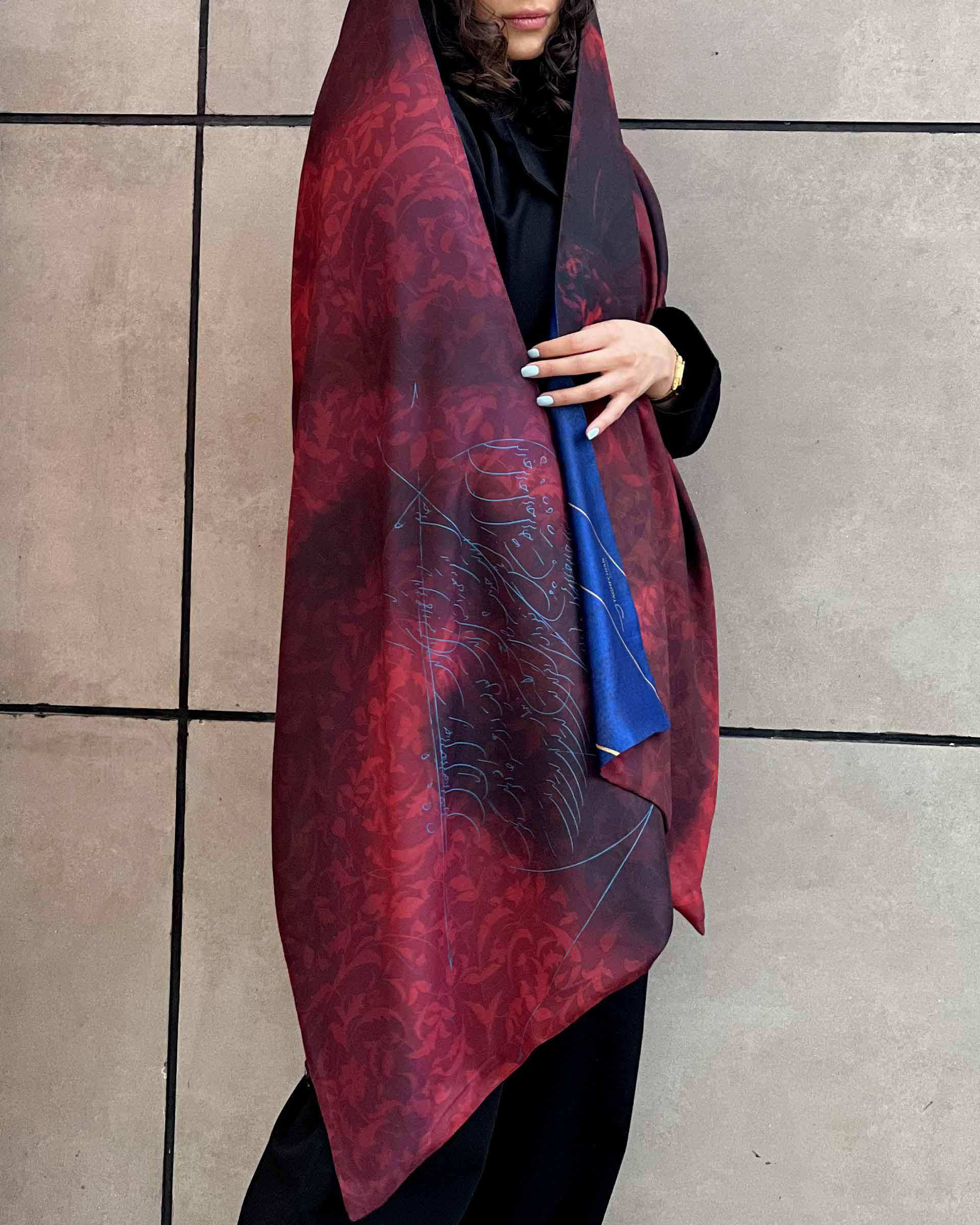 شال زنانه دو رو آبی زرشکی طاقه چیان Taghechian مدل خاموش