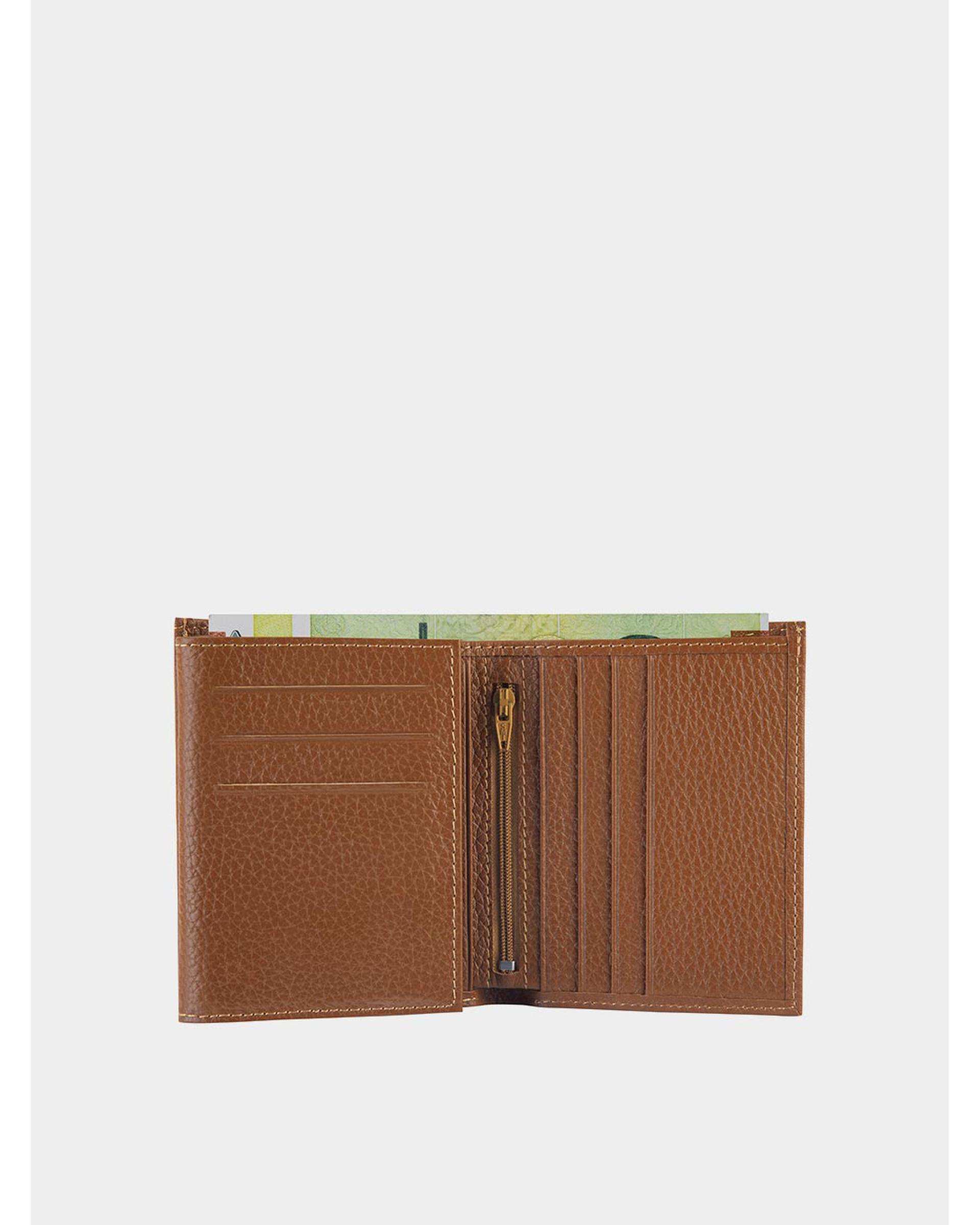 کیف پول چرم طبیعی عسلی نوین چرم Novin Leather مدل ثارمان PE2548