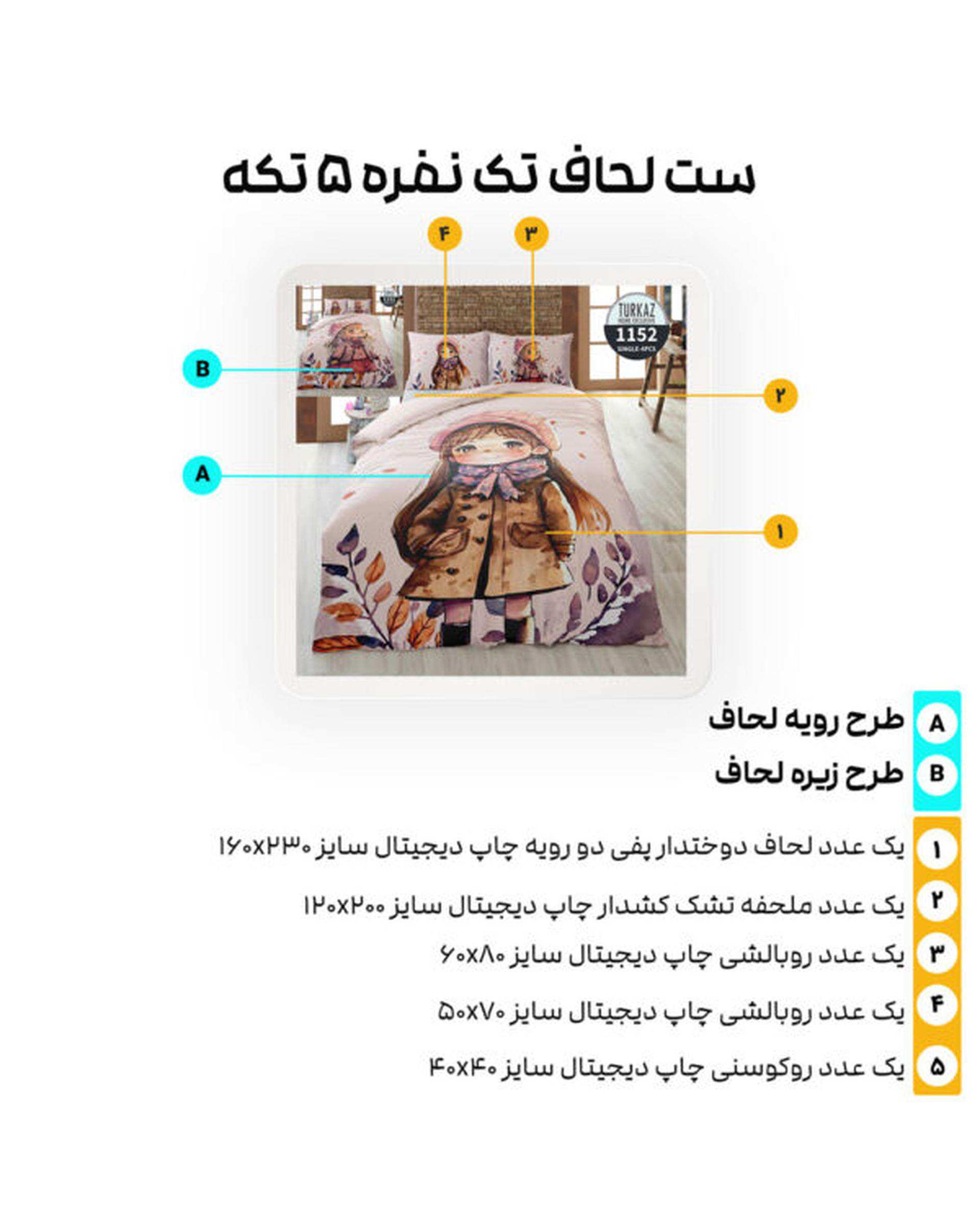 سرویس لحاف روتختی تک نفره 5 تکه میکرو تنسل گیاهی دو رو TURKAZ مدل 1152