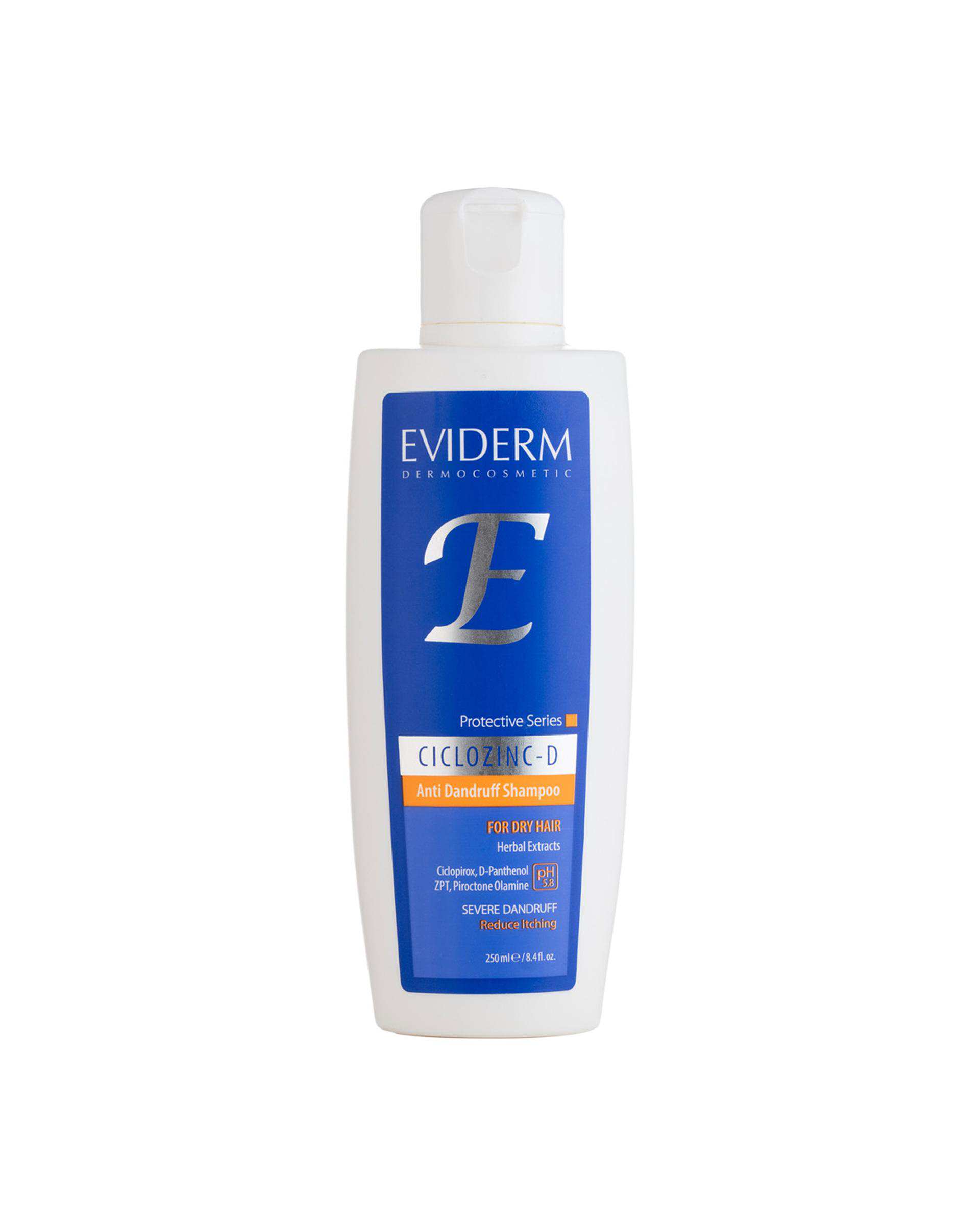 شامپو ضد شوره اویدرم Eviderm مدل Ciclozinc D مناسب موهای خشک حجم 250ml