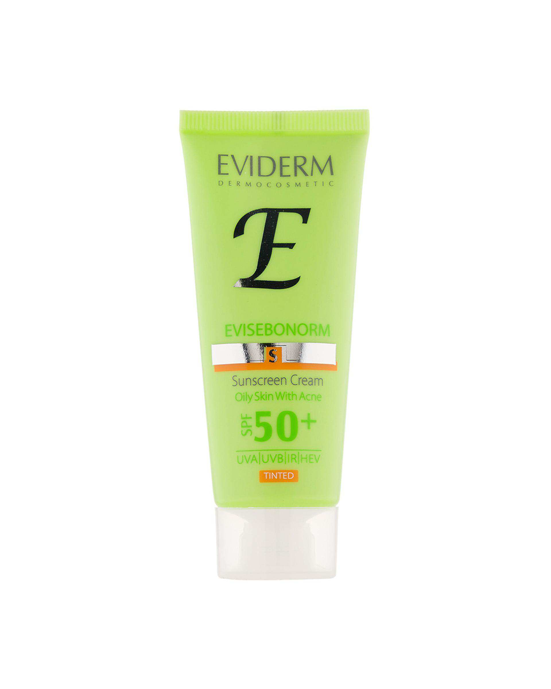 کرم ضد آفتاب رنگی SPF50 اویدرم Eviderm مناسب پوست چرب و دارای جوش حجم 40ml