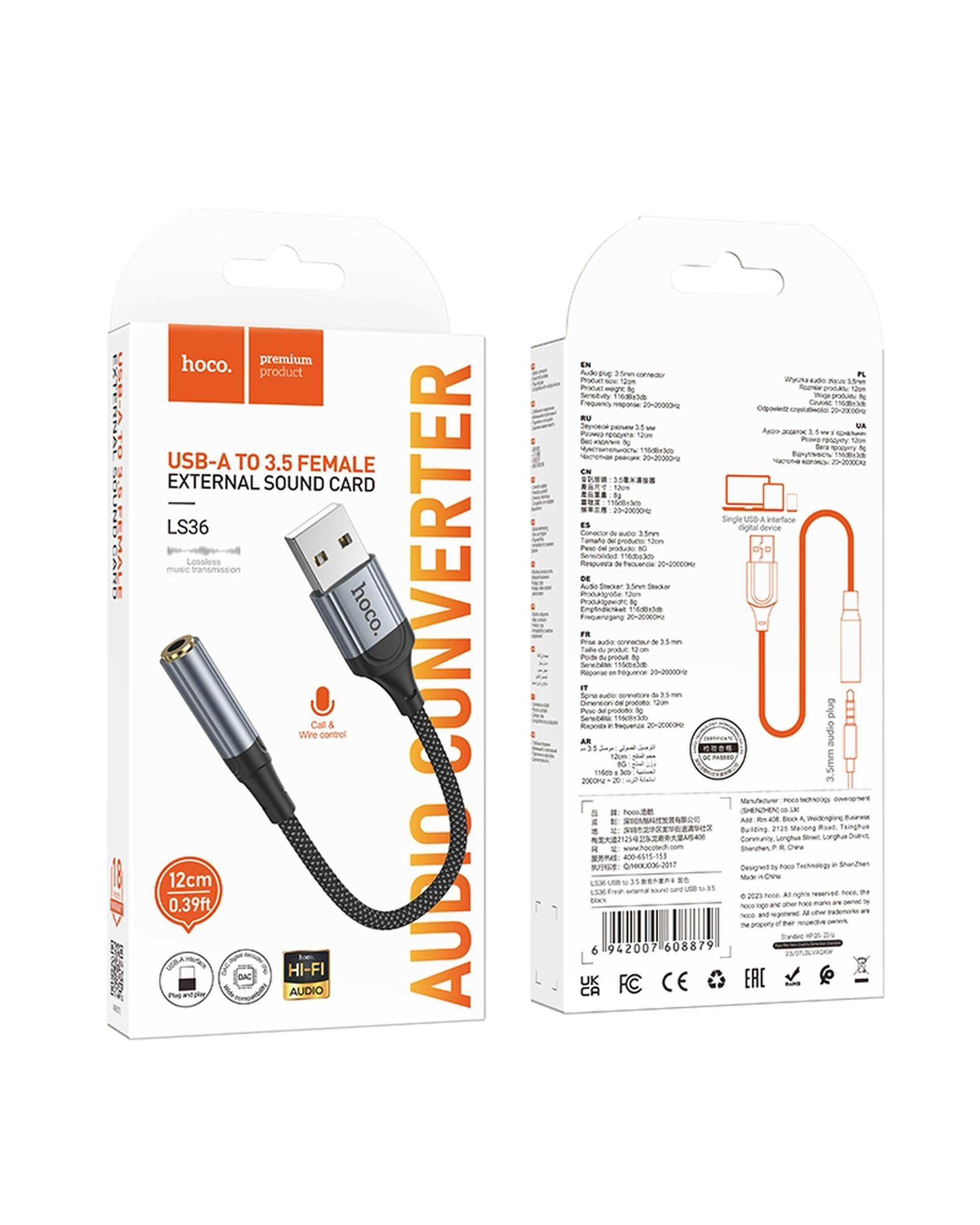 کابل مبدل صوتی مشکی هوکو hoco مدل LS36 3.5 MM TO USB-A