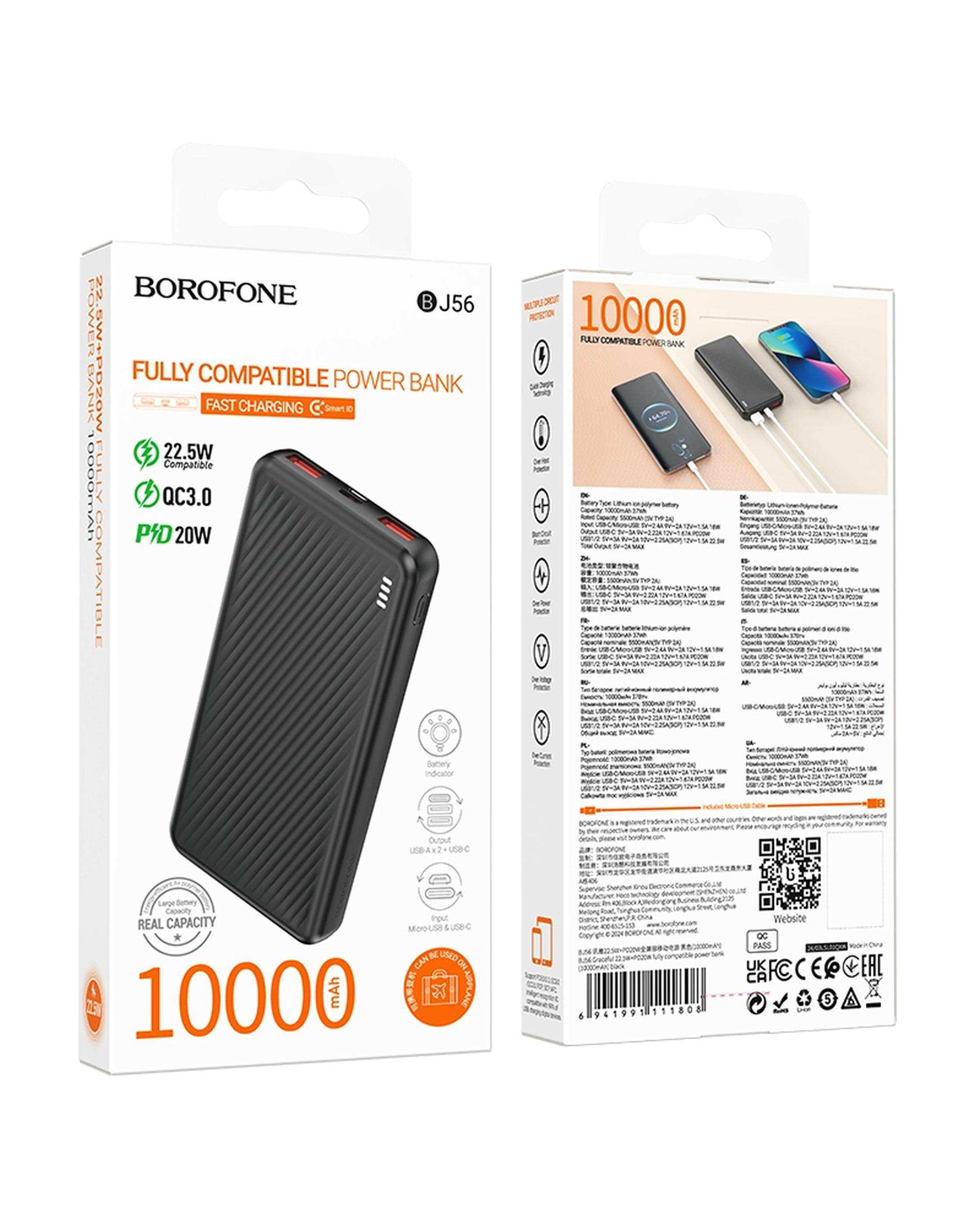 پاوربانک 22.5 وات فست شارژ مشکی بروفون Borofone مدل BJ56 ظرفیت 10000 میلی آمپر ساعت
