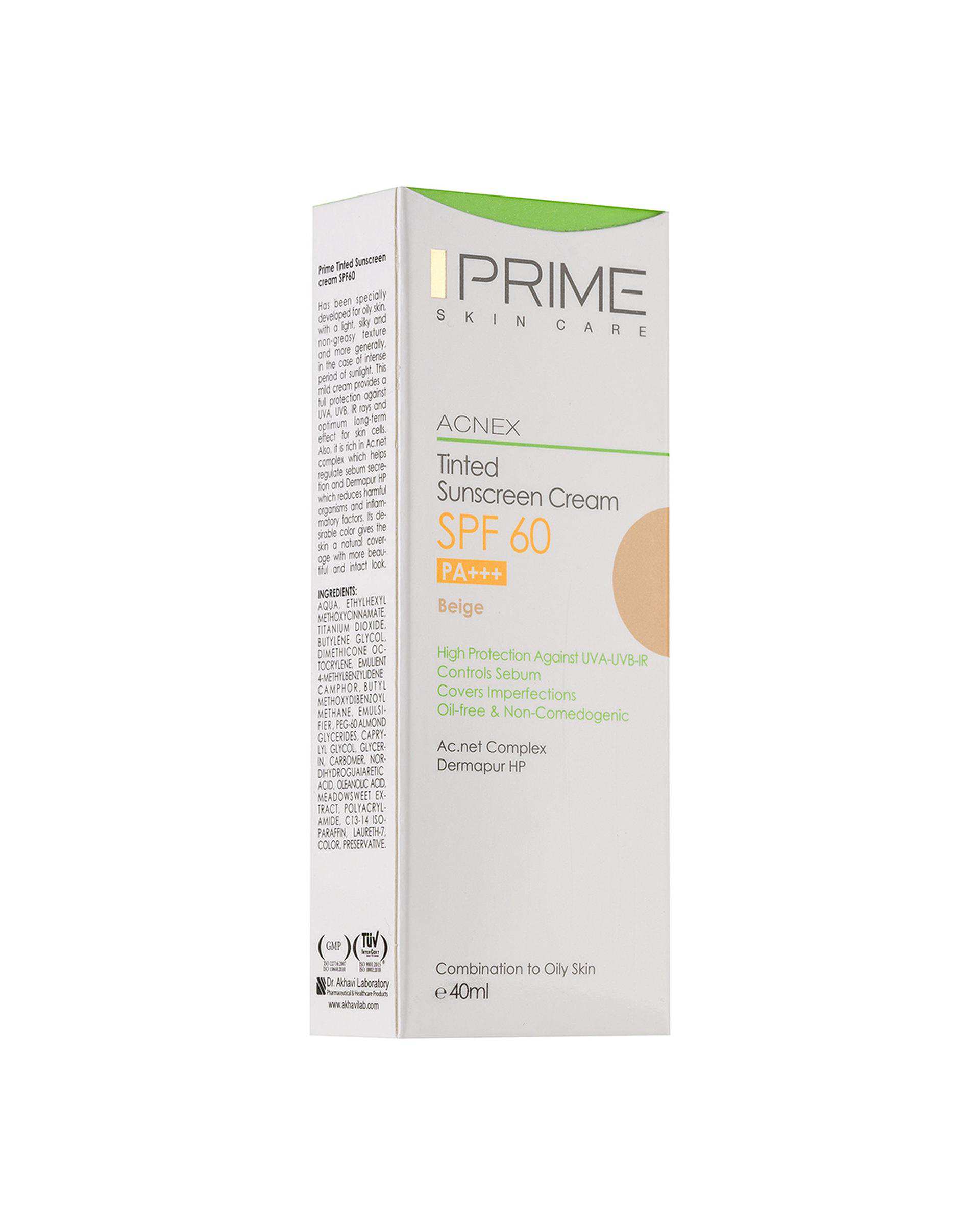 کرم ضد آفتاب رنگی فاقد چربی SPF60 پرایم Prime مناسب پوست چرب حجم 40ml