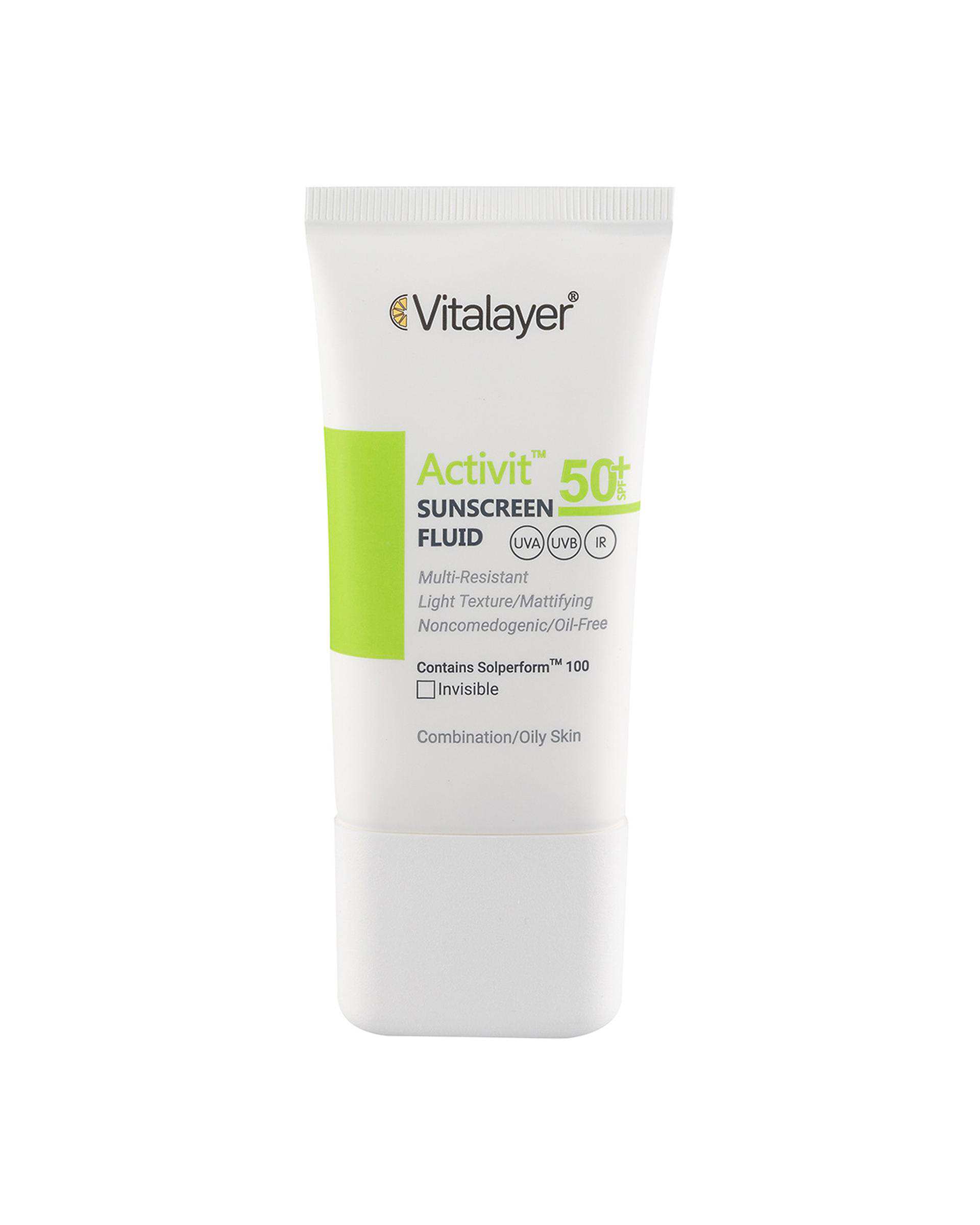 فلوئید ضد آفتاب بی رنگ SPF50 ویتالیر Vitalayer مدل اکتیویت مناسب پوست چرب و مستعد جوش حجم 50ml