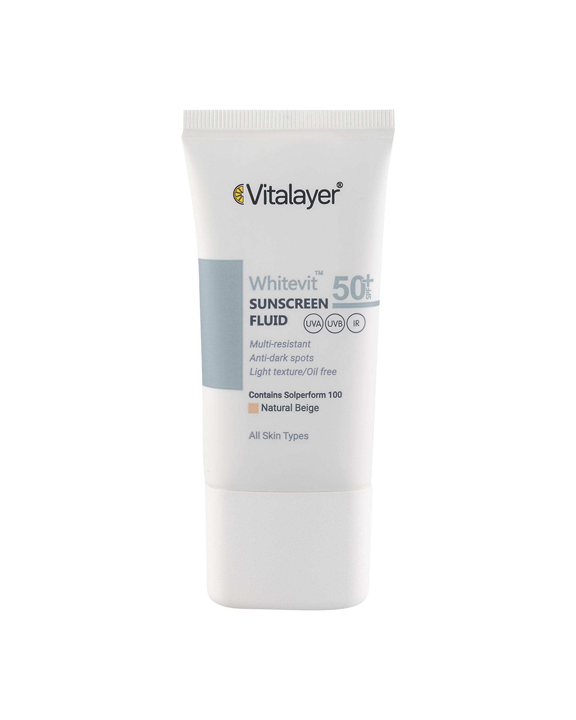 فلوئید ضد آفتاب رنگی SPF50 ویتالیر Vitalayer مدل وایت ویت بژ طبیعی حجم 50ml
